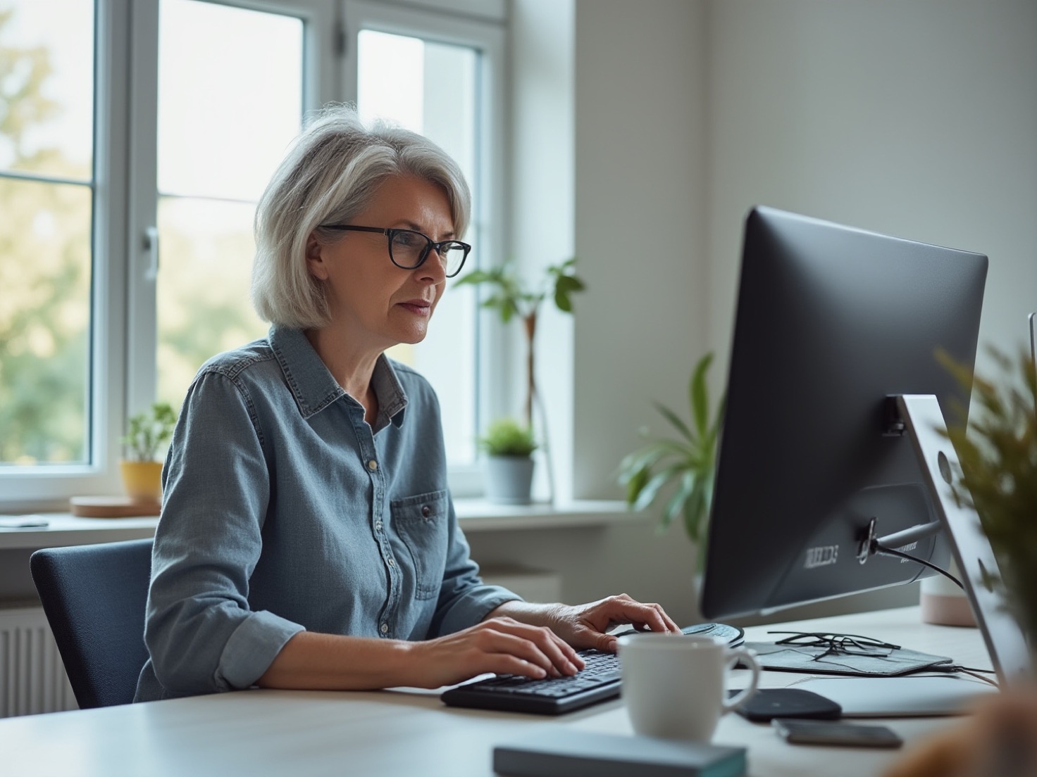 Financieel adviseur werkt aan haar bureau bij het raam aan content voor haar advieskantoor