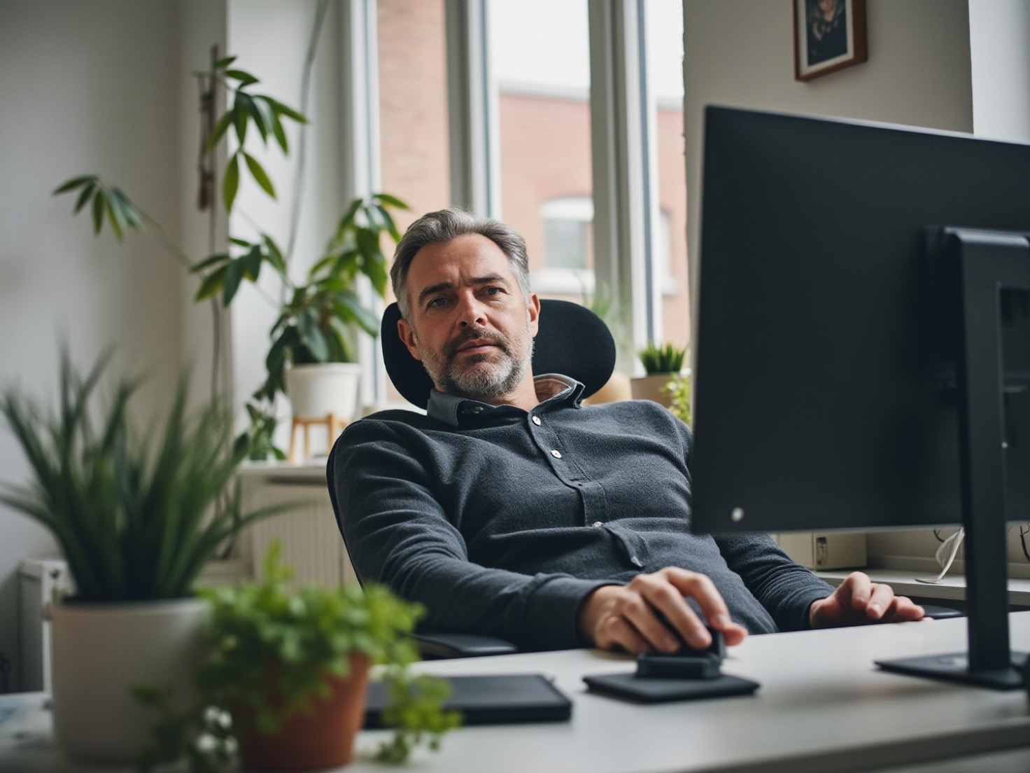 Financieel adviseur achter zijn bureau leest een AI-antwoord op het scherm