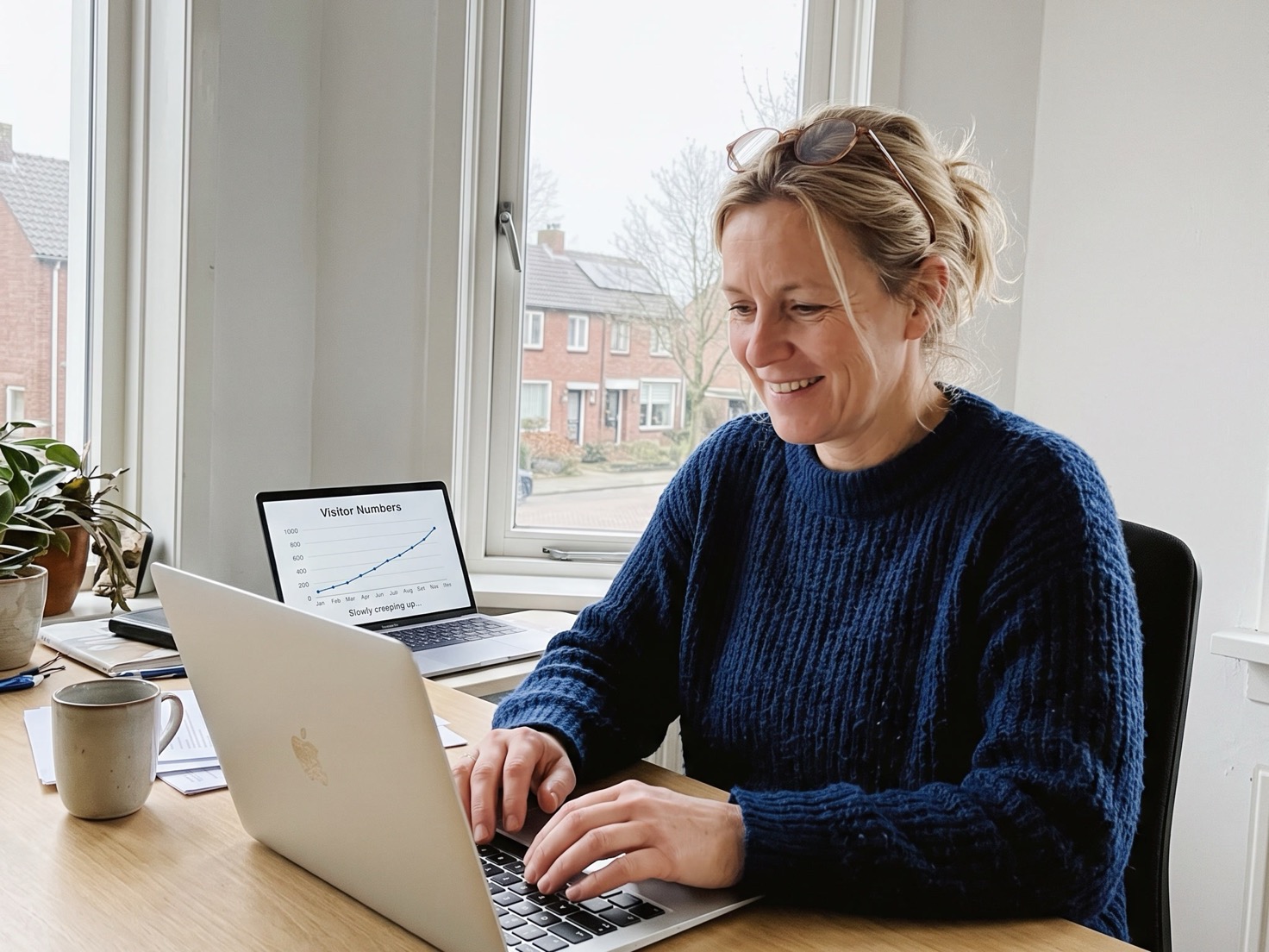 Financieel adviseur bekijkt de bezoekerscijfers van de kantoorwebsite op een laptop
