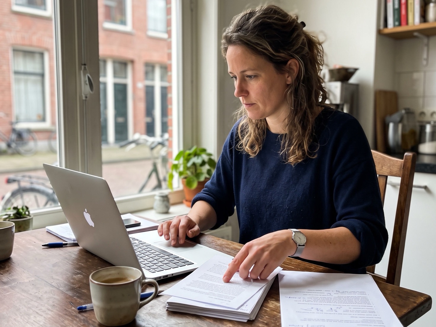 Vrouw bekijkt de indeling van losse pagina's naast haar laptop aan een tafel bij het raam