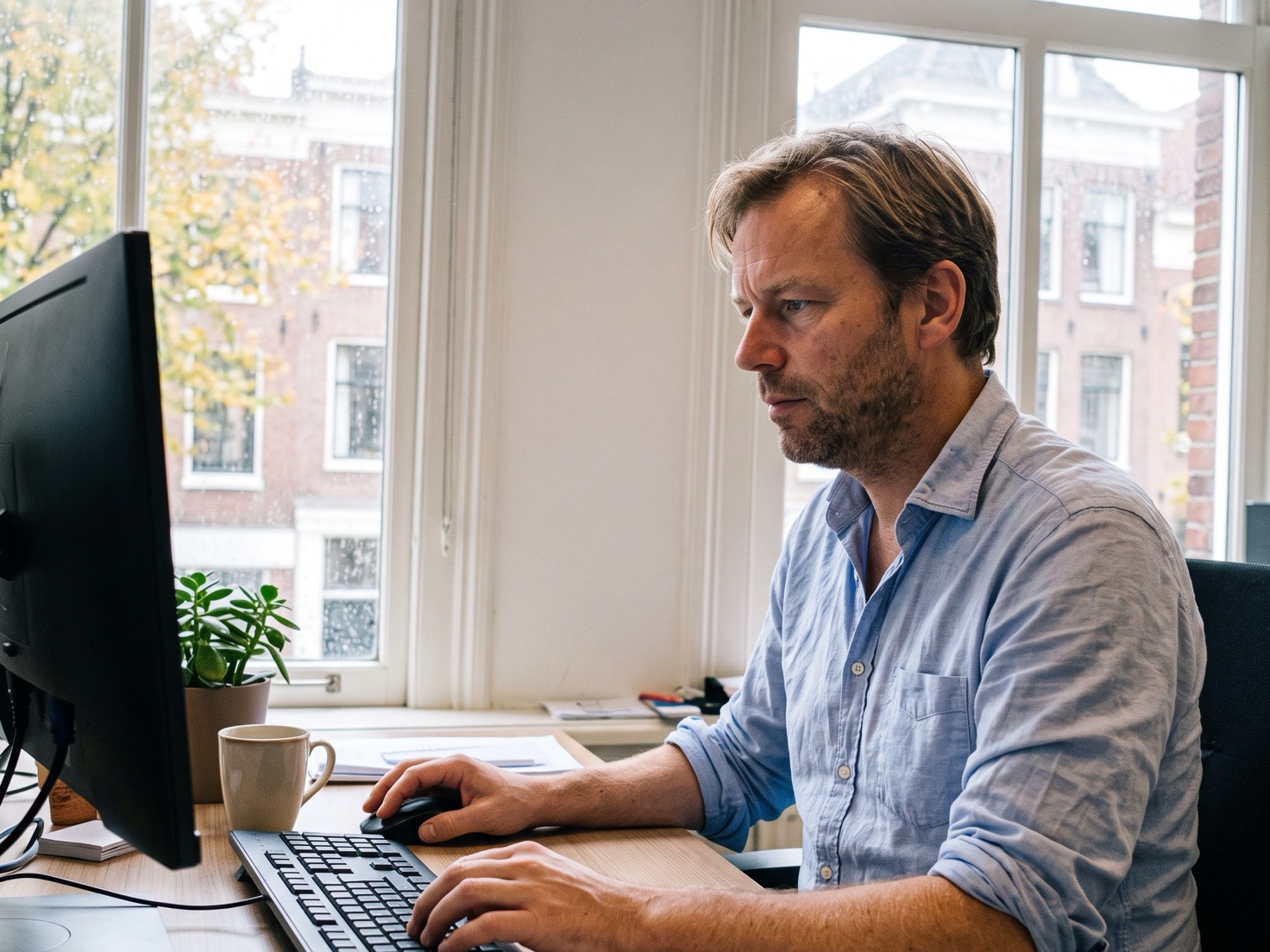 Adviseur werkt achter zijn bureau bij het raam van een advieskantoor