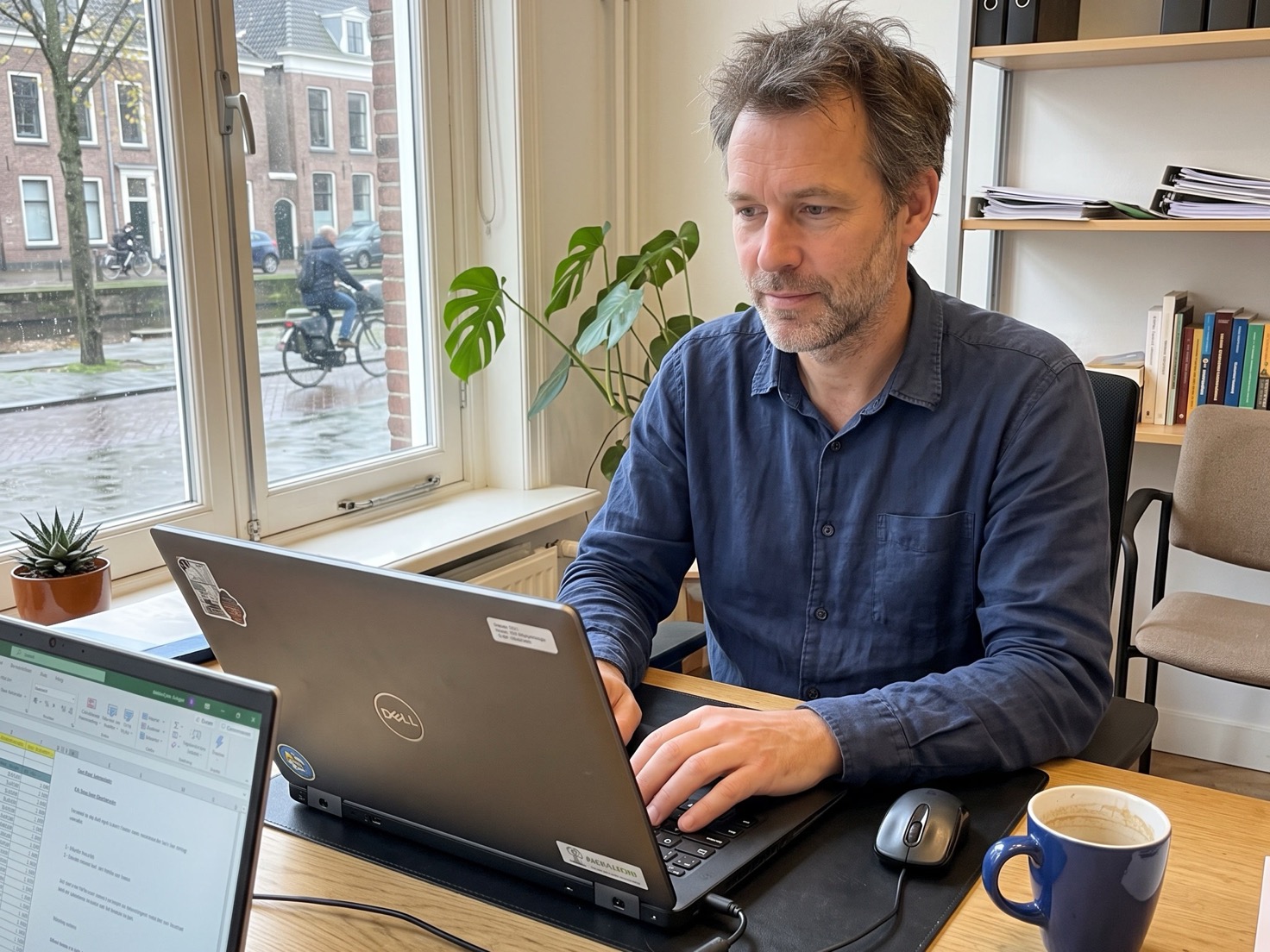 Financieel adviseur werkt achter zijn bureau in een rustig advieskantoor