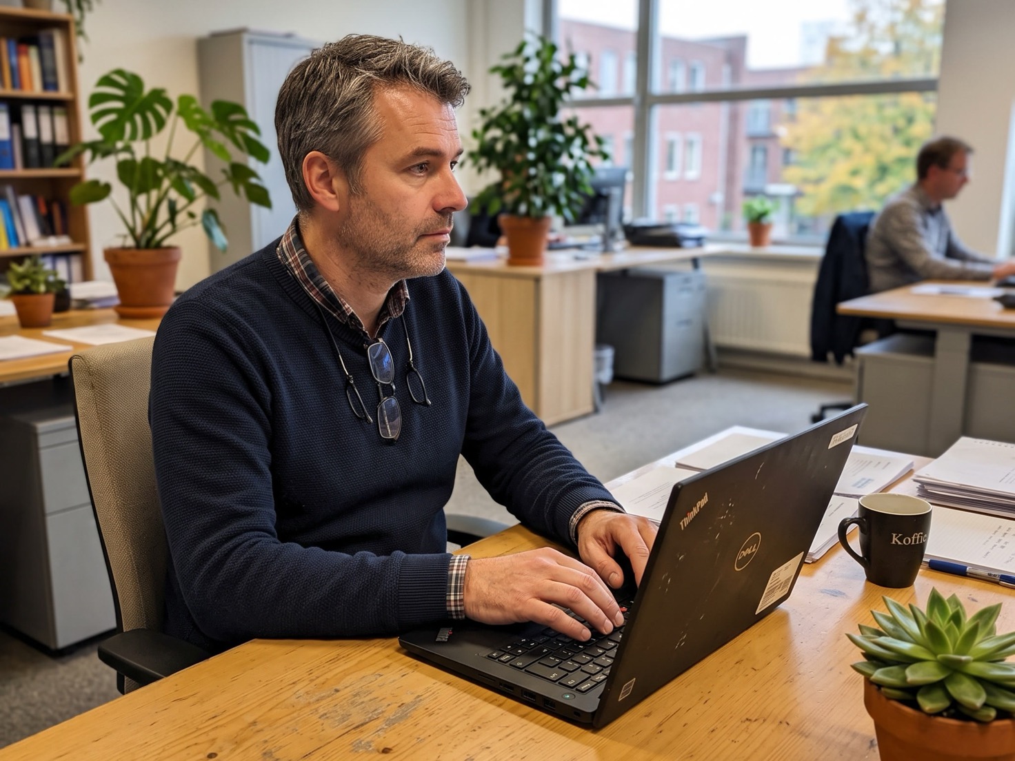 Adviseur werkt geconcentreerd aan een laptop in een rustig advieskantoor