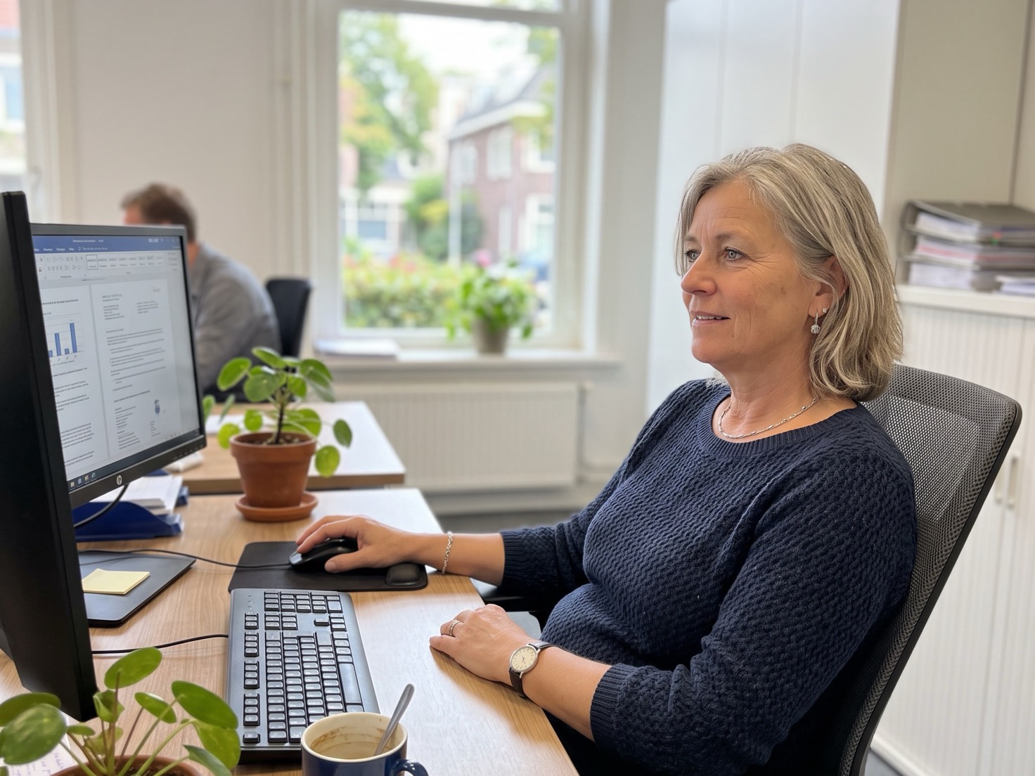 Adviseur werkt achter het bureau in een rustig advieskantoor
