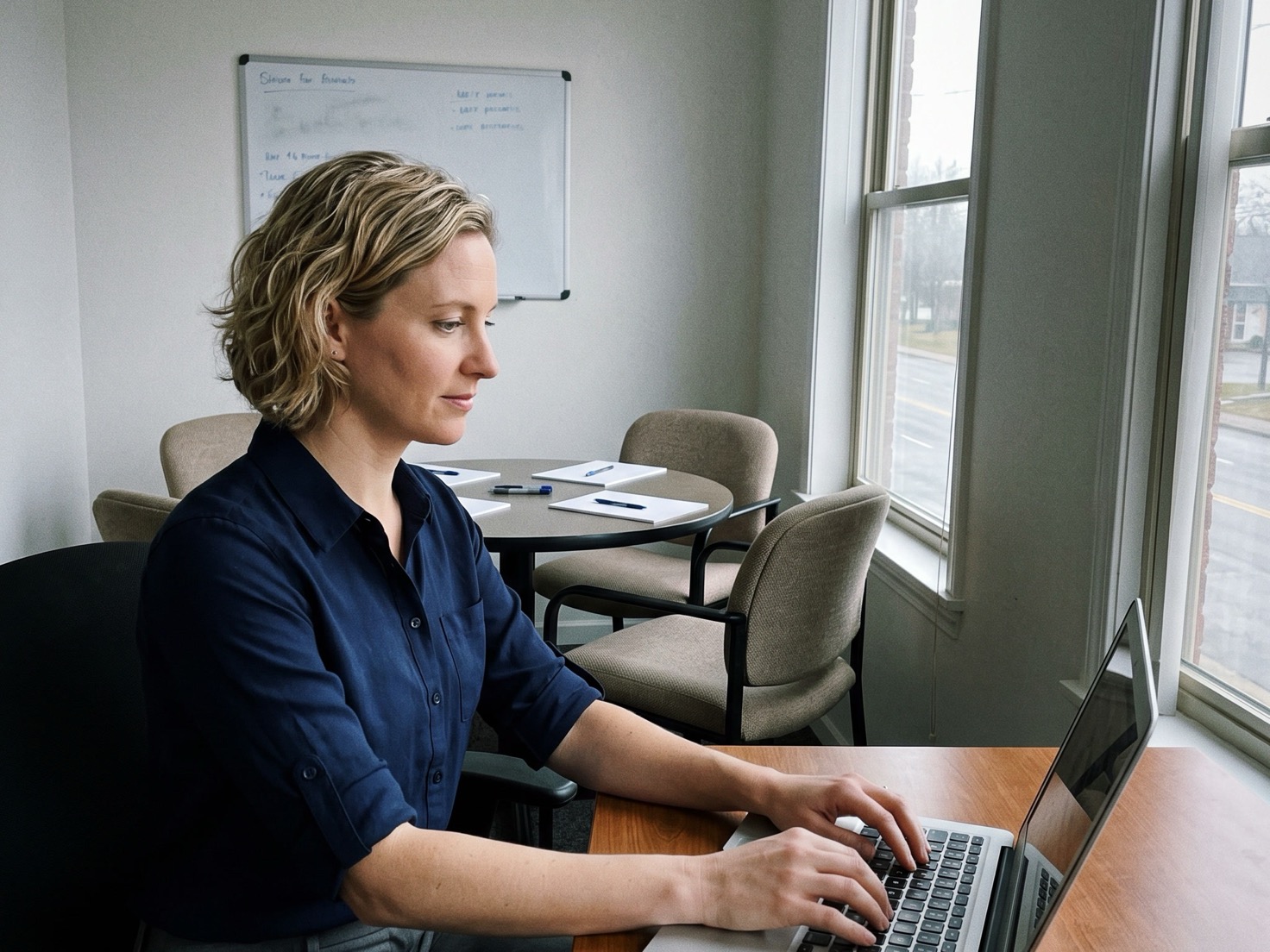 Financieel adviseur achter haar laptop in een rustig kantoor, met op de achtergrond stoelen klaargezet voor de klantenavond