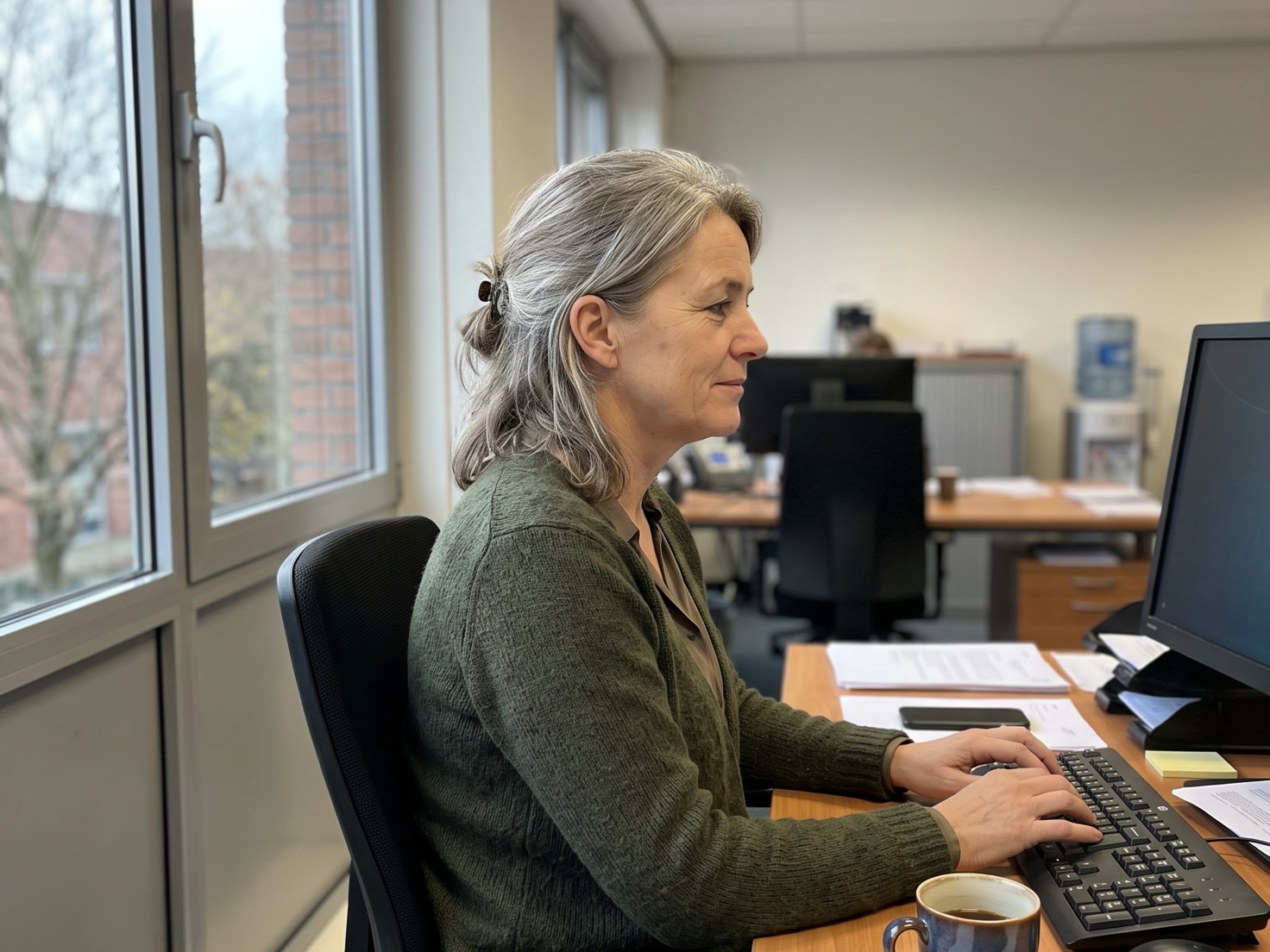 Adviseur werkt achter het bureau in een rustig advieskantoor