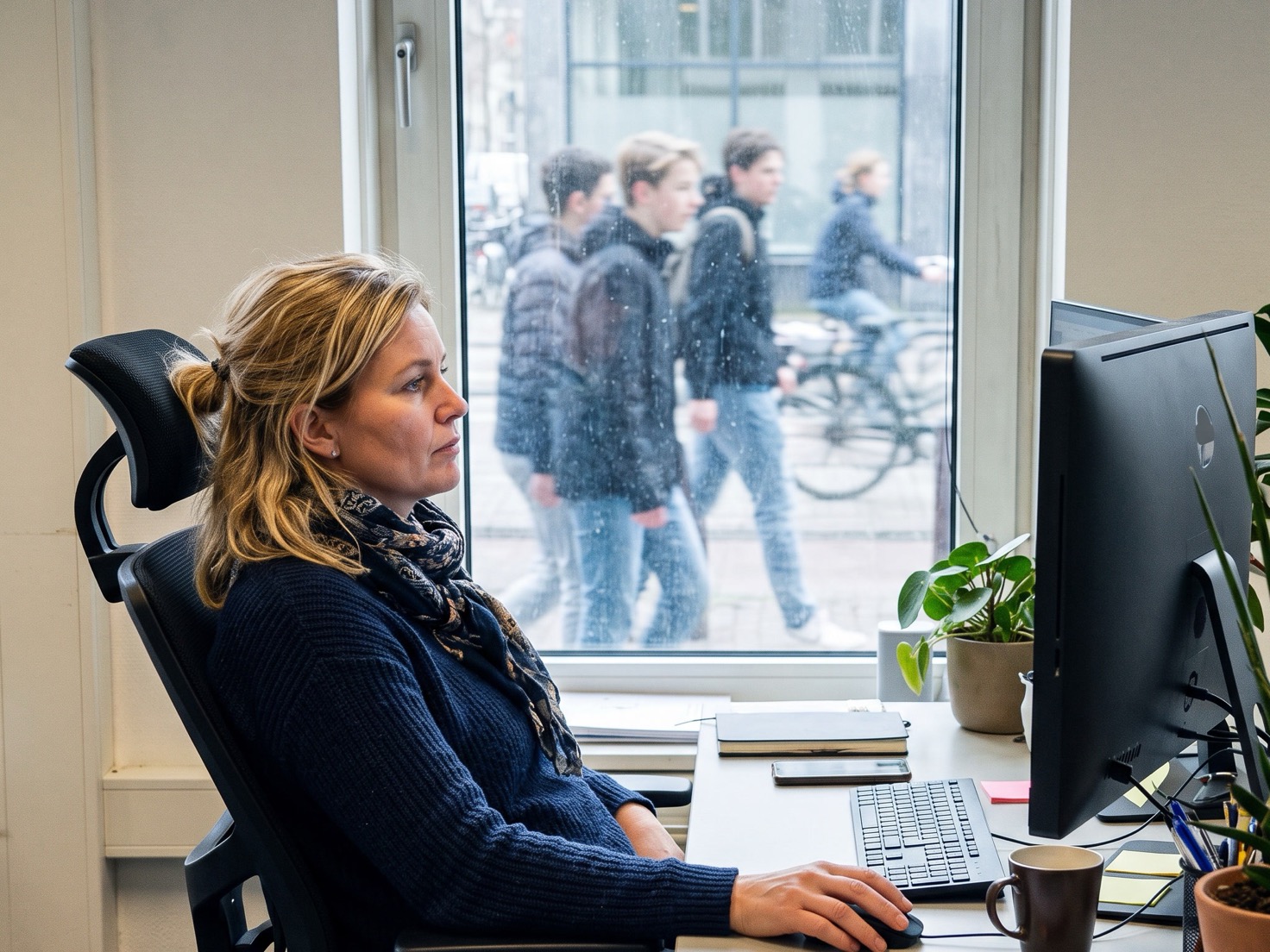 Financieel adviseur achter haar bureau in een Nederlands advieskantoor, met uitzicht op straat