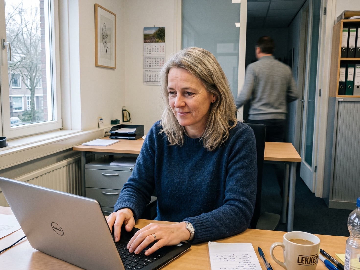 Financieel adviseur werkt geconcentreerd achter haar bureau in een rustig Nederlands advieskantoor