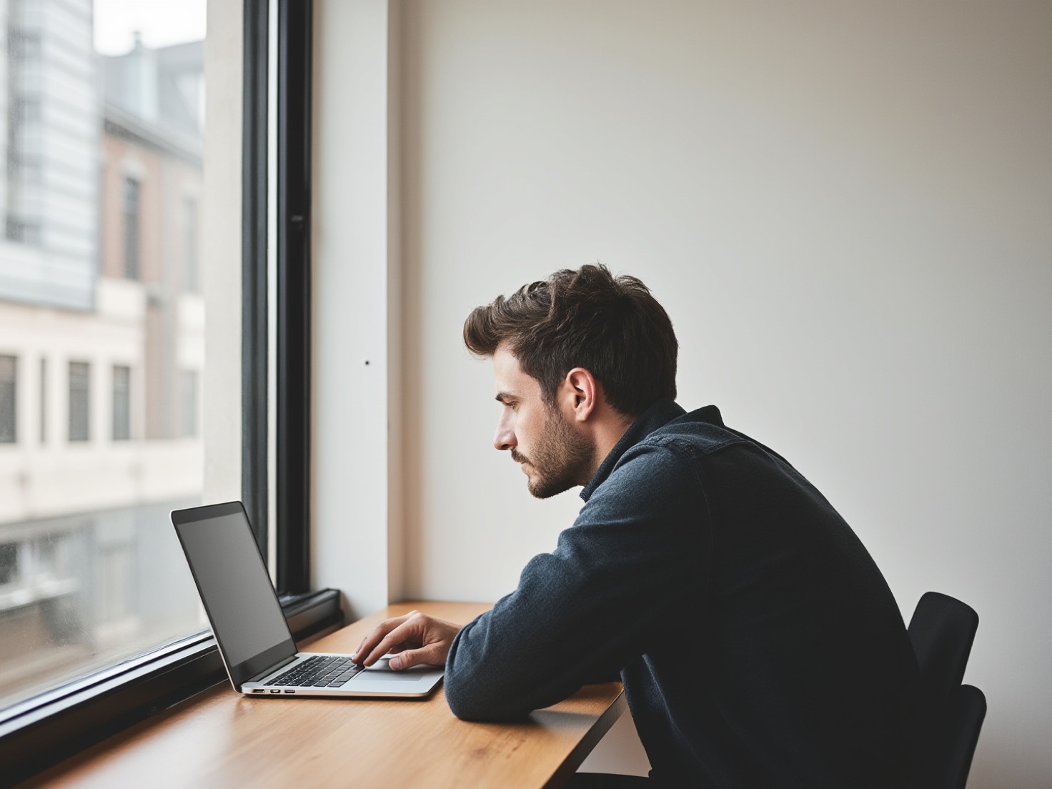 Financieel adviseur achter zijn laptop, in gedachten over een lastige klantsituatie