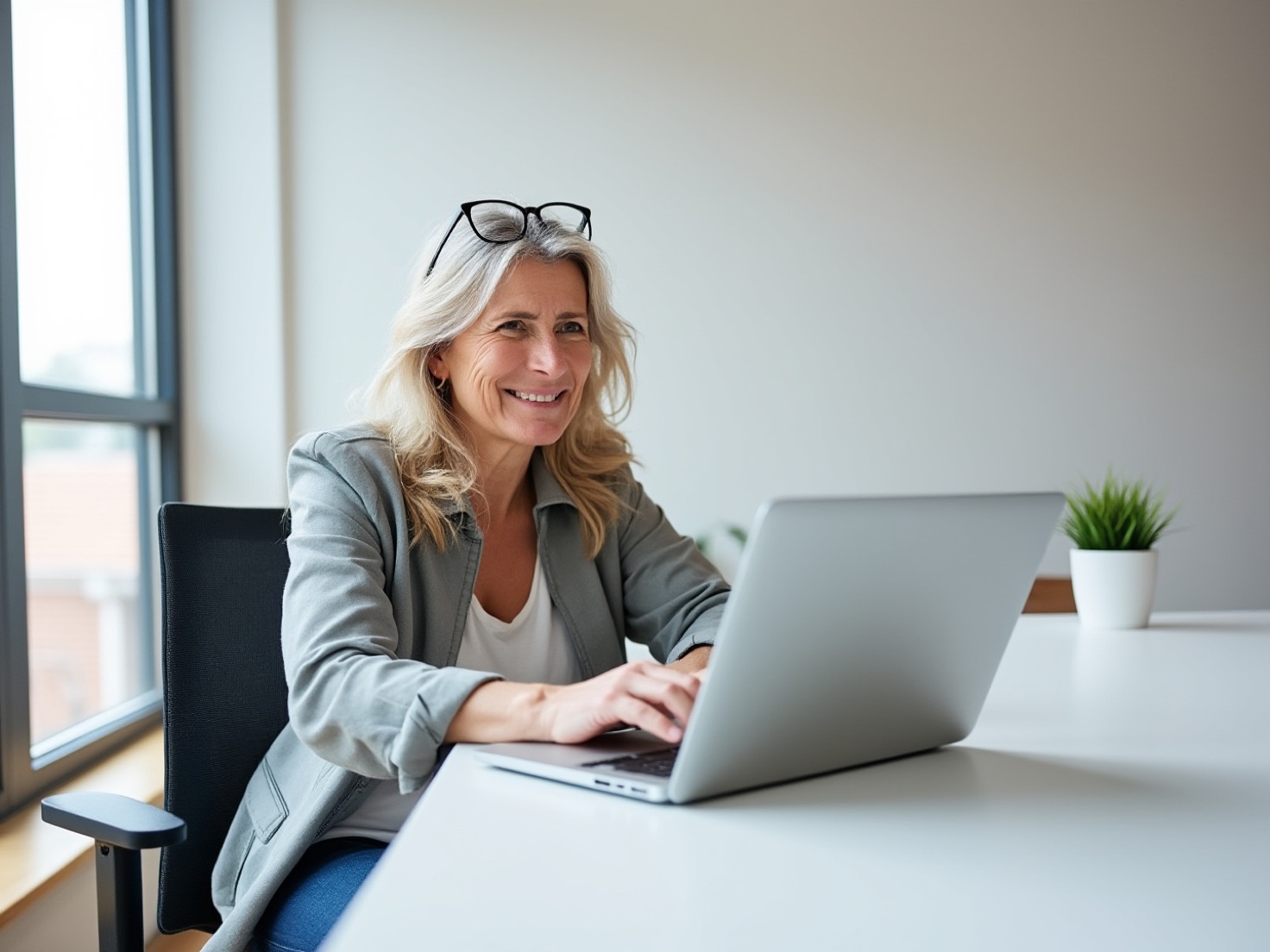 Financieel adviseur werkt aan een laptop in een rustig advieskantoor