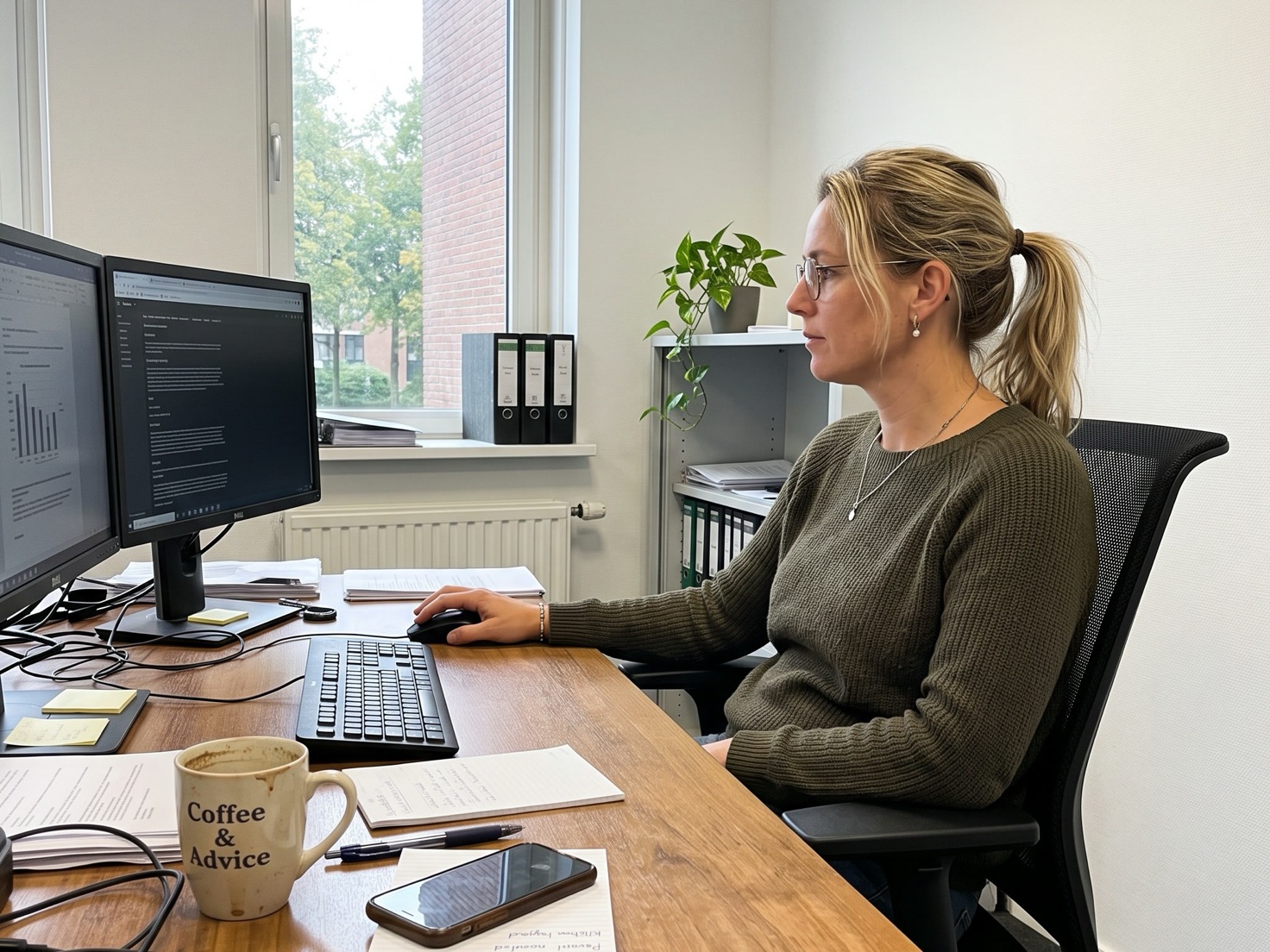 Financieel adviseur zit achter haar bureau na een telefoongesprek met een klant over een verbouwing
