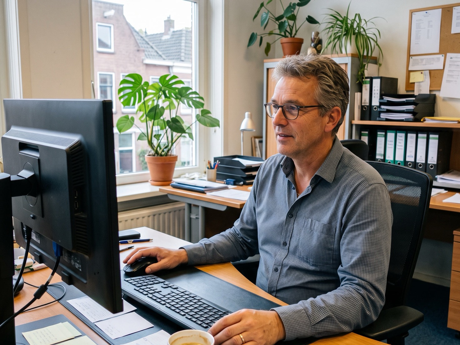 Adviseur leunt even achterover achter zijn bureau in een rustig advieskantoor