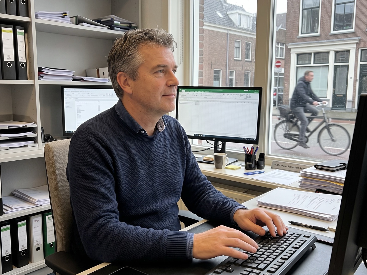 Financieel adviseur aan zijn bureau met zijn telefoon binnen handbereik