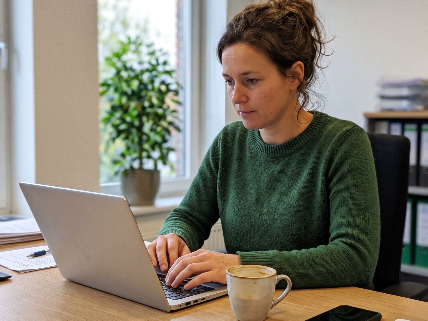 Financieel adviseur werkt geconcentreerd achter een bureau in een rustig Nederlands advieskantoor
