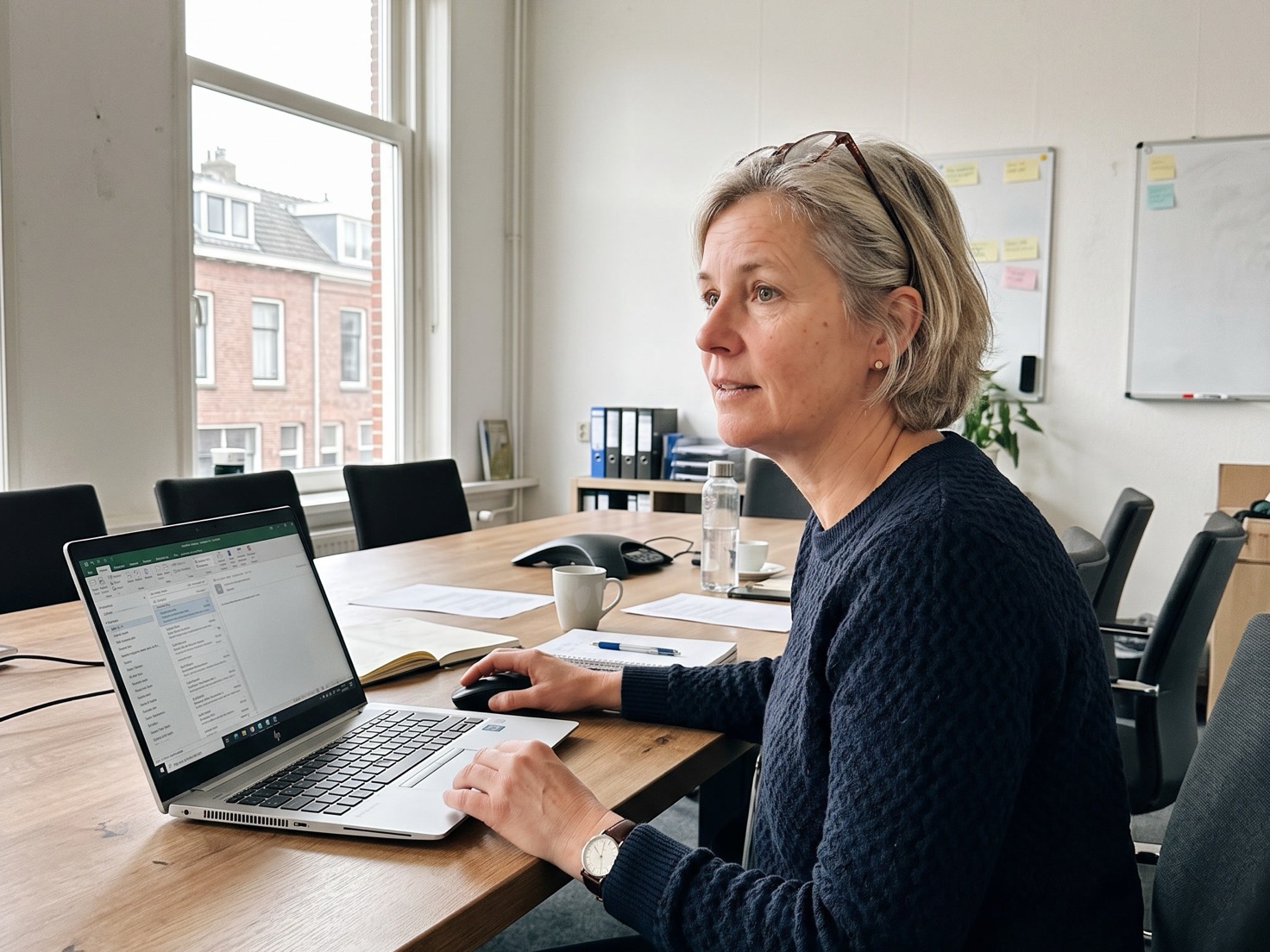 Adviseur werkt geconcentreerd aan een laptop in een advieskantoor