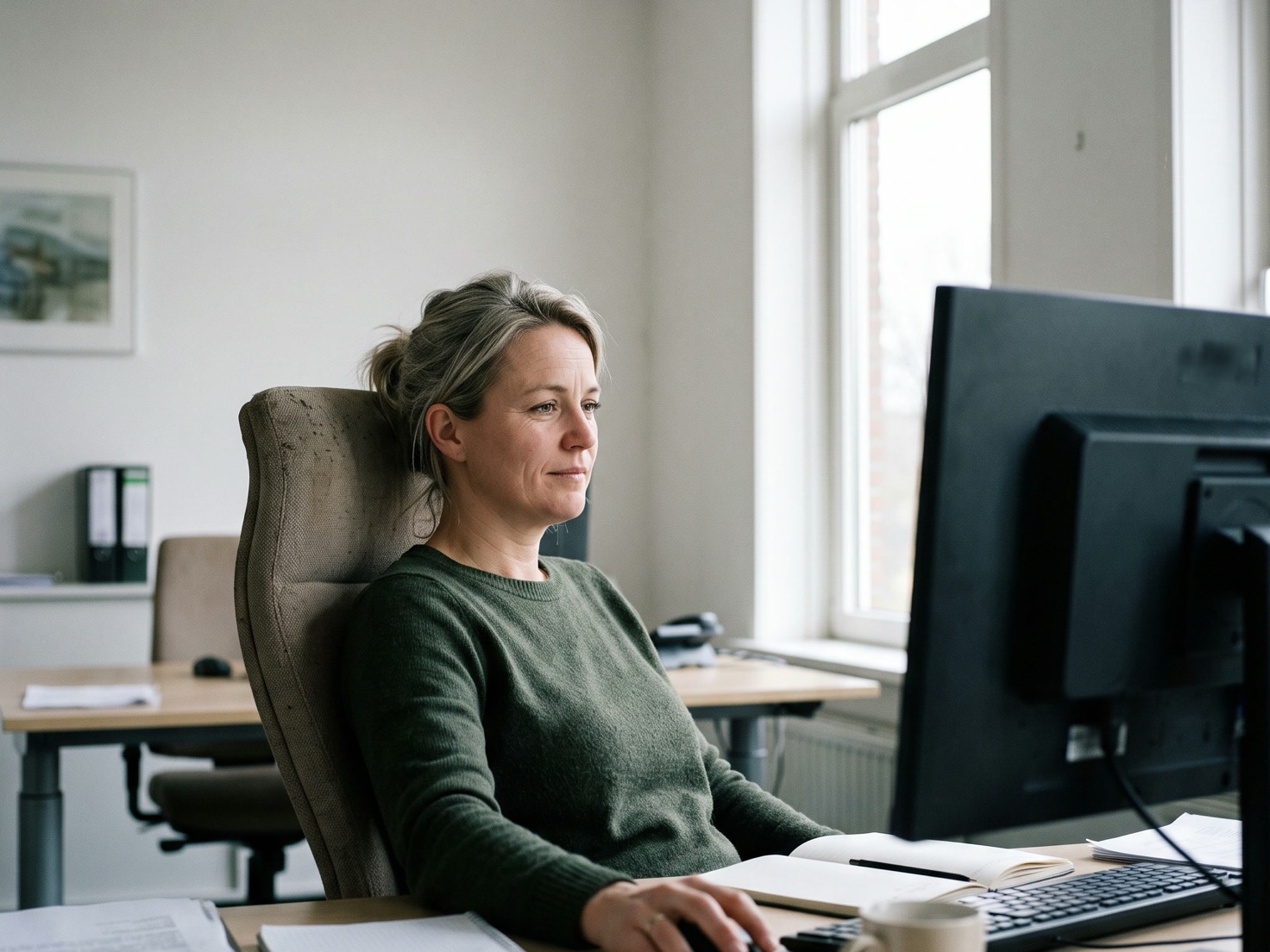 Financieel adviseur leunt rustig achterover aan haar bureau in een kantoor