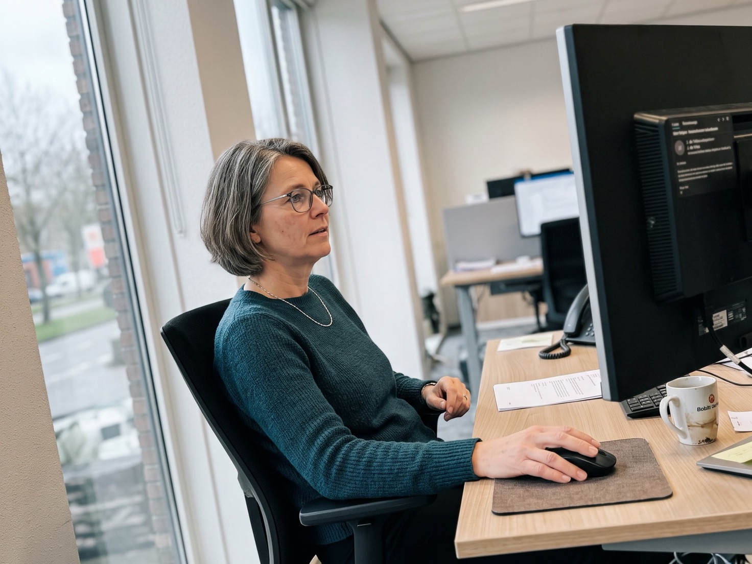 Financieel adviseur achter haar bureau leest een e-mail van een klant