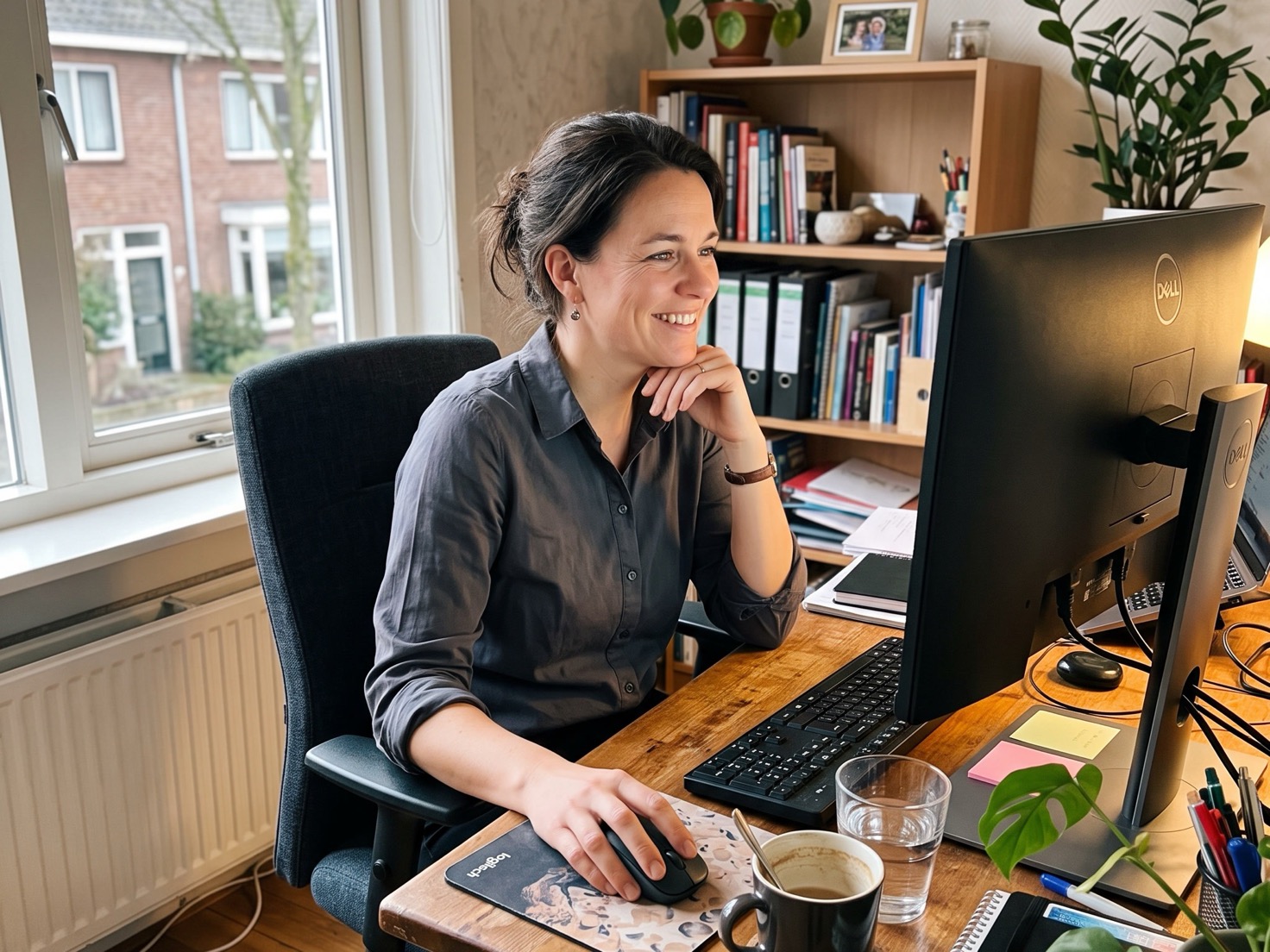 Financieel adviseur werkt geconcentreerd achter een bureau in een rustig Nederlands advieskantoor