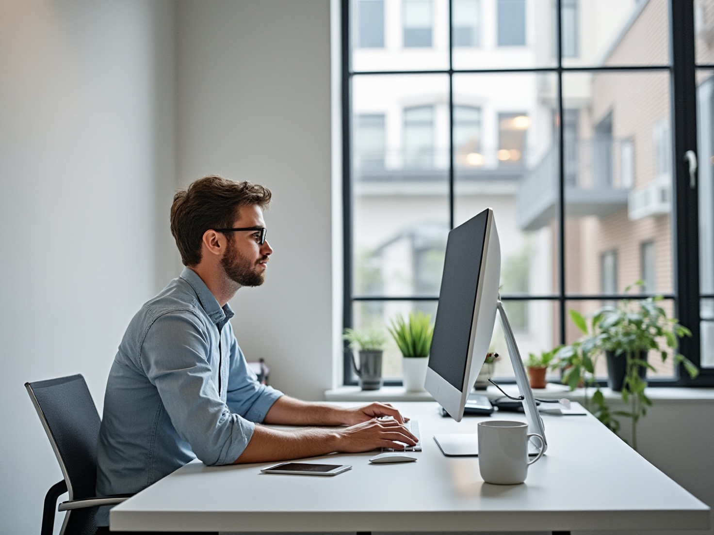 Financieel adviseur werkt aan een bureau bij het raam in zijn kantoor
