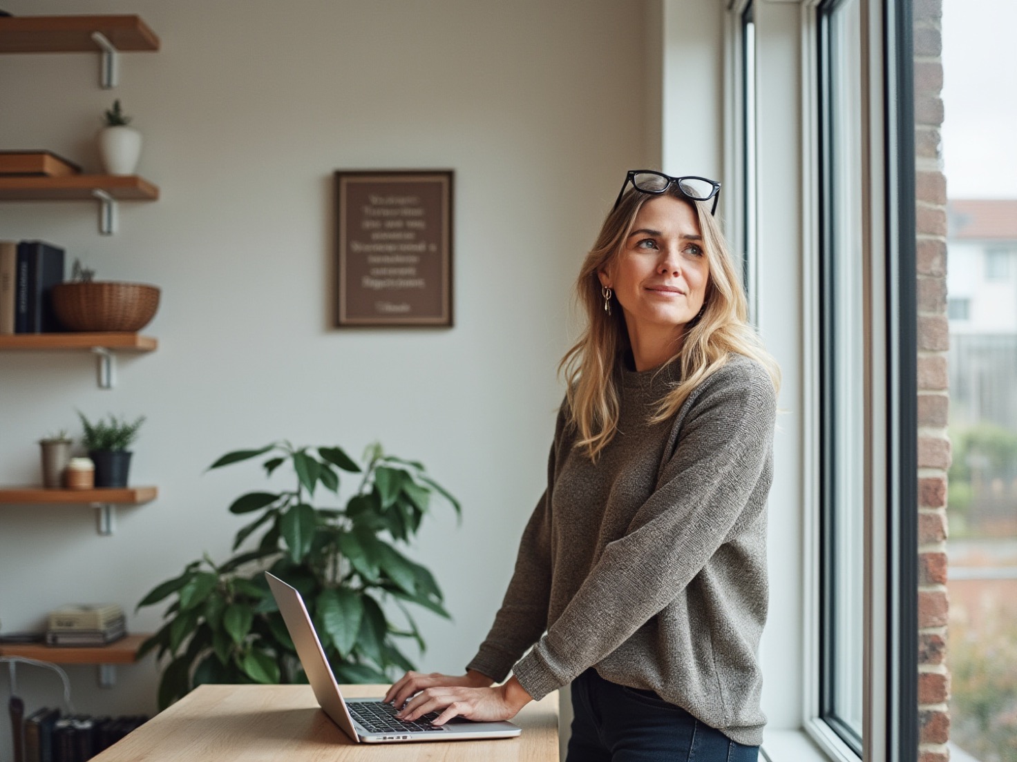 Vrouw in een thuiskantoor klapt haar laptop dicht na het bijwerken van klantgegevens