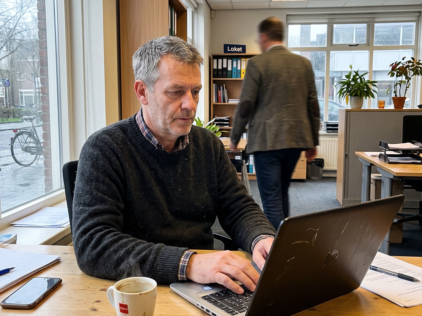 Adviseur typt een korte notitie na een adviesgesprek op kantoor