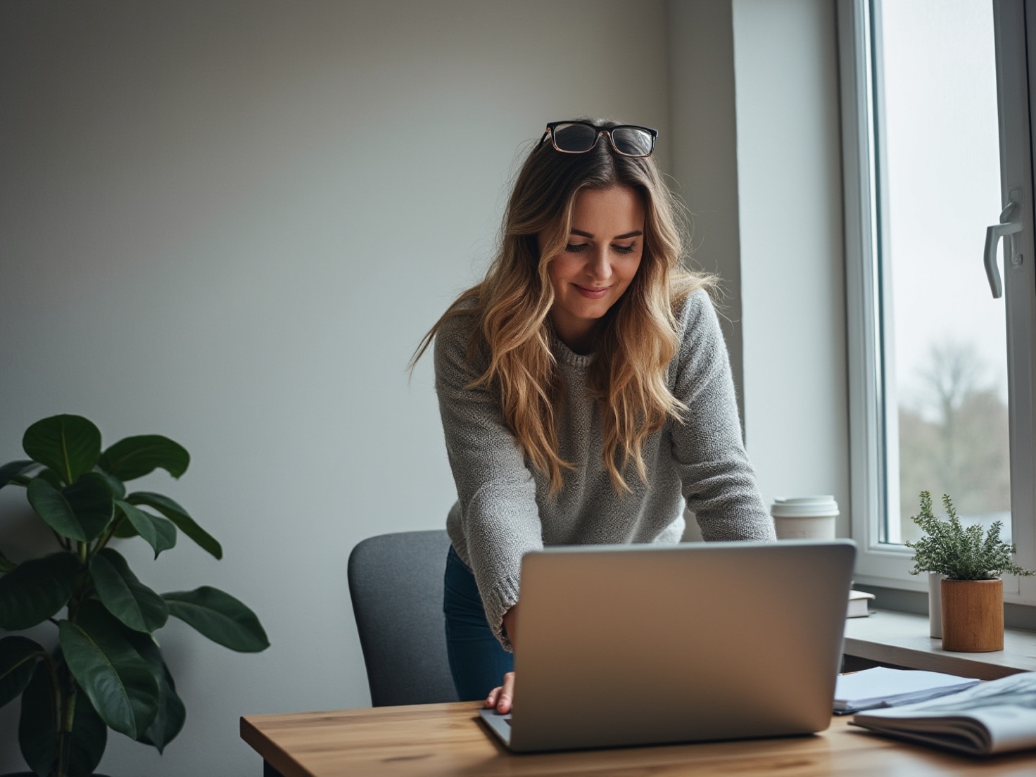 Financieel adviseur sluit haar laptop na een klantgesprek in een thuiskantoor