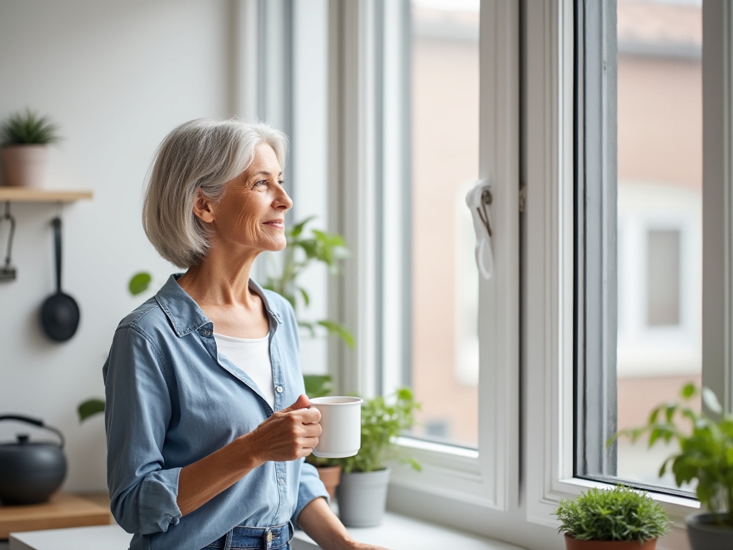 Vrouw van middelbare leeftijd zet rustig een mok neer in haar keuken, met een opgeluchte uitdrukking