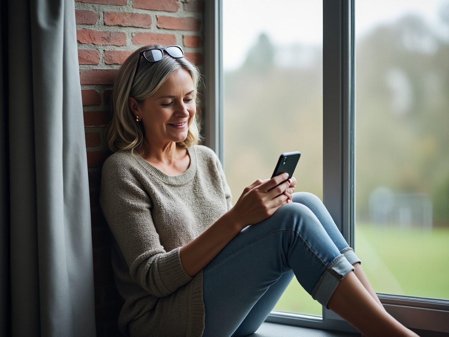 Vrouwelijke klant van een advieskantoor leest op haar telefoon een tevredenheidsonderzoek bij het raam