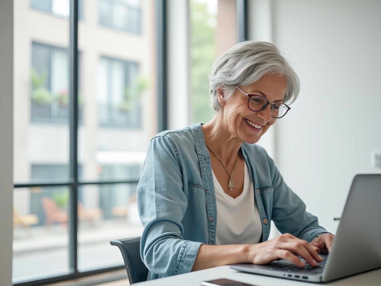 Financieel adviseur werkt op een laptop aan een overlegtafel, telefoon met scherm naar beneden ernaast