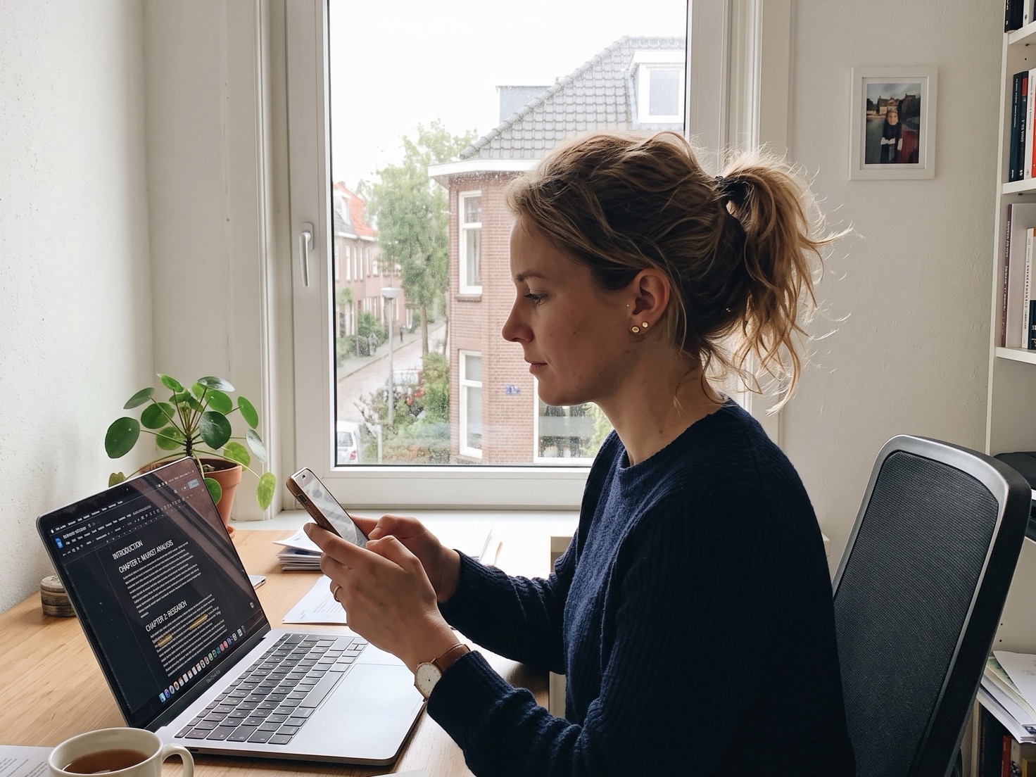 Financieel adviseur werkt aan de koppenstructuur van een webpagina achter haar bureau