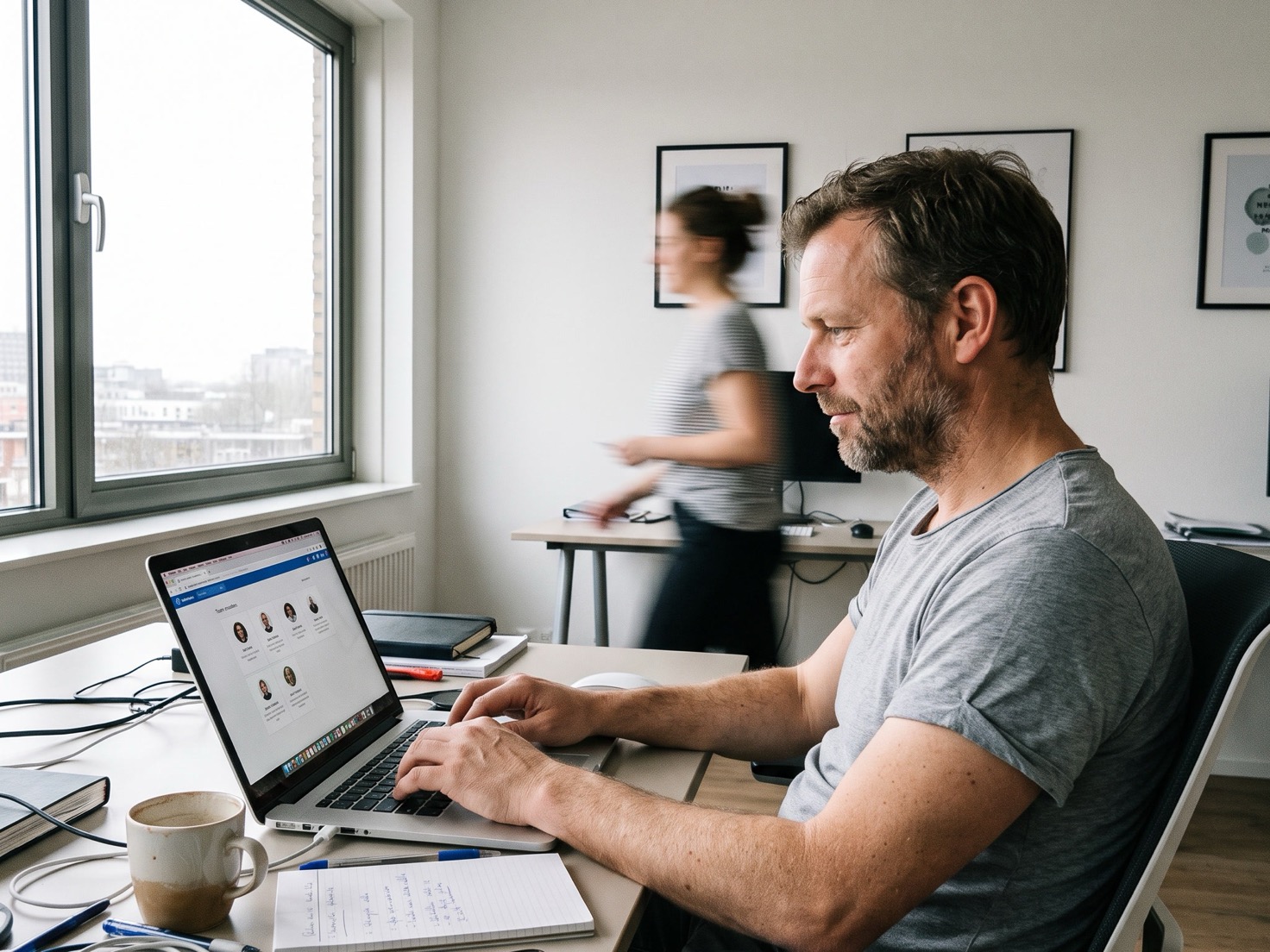 Financieel adviseur werkt geconcentreerd aan zijn laptop op kantoor