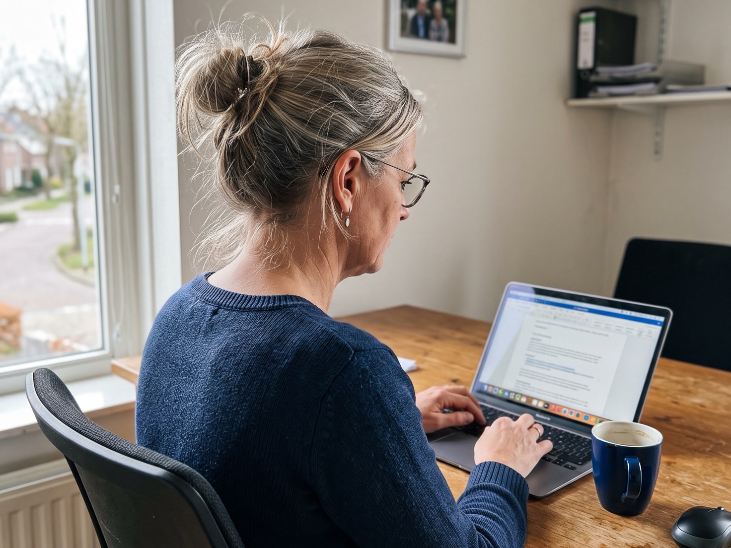 Financieel adviseur werkt geconcentreerd aan een laptop in een rustig advieskantoor, over de schouder gezien
