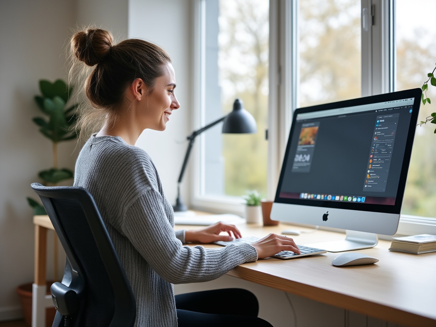 Financieel adviseur typt haar column aan een bureau bij het raam in een rustig kantoor