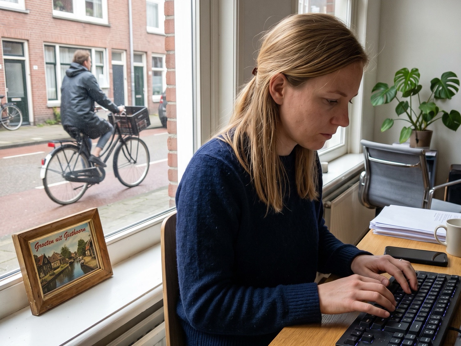 Financieel adviseur werkt aan haar bureau bij het raam van een Nederlands advieskantoor