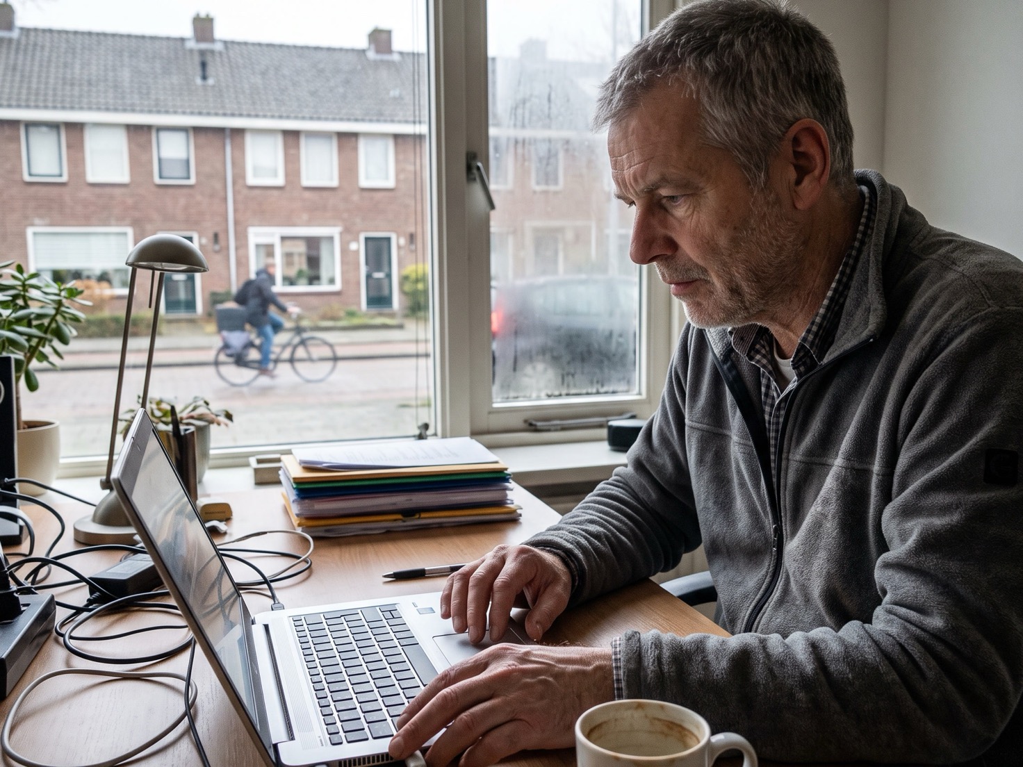 Financieel adviseur werkt geconcentreerd achter een laptop in een rustig advieskantoor