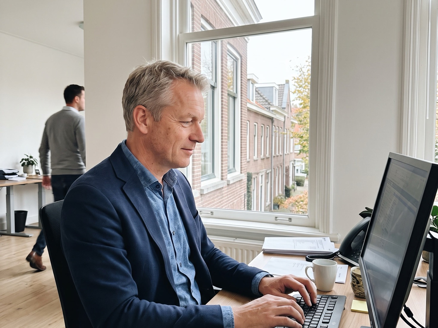 Financieel adviseur achter zijn bureau in een rustig advieskantoor