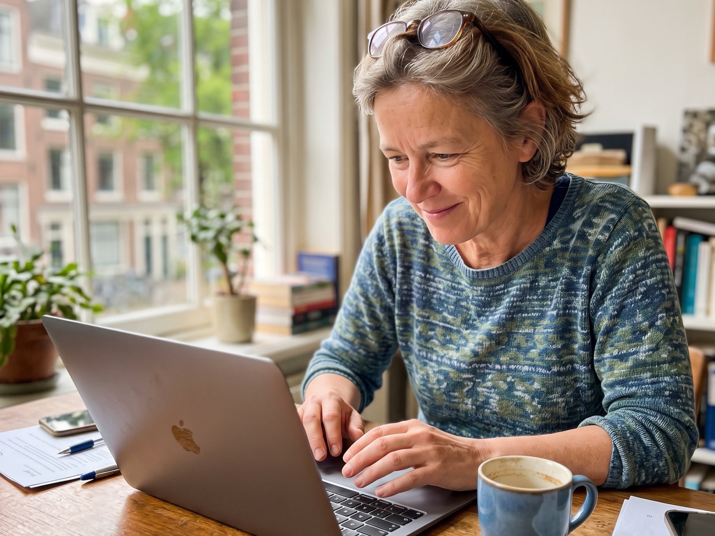 Adviseur werkt aan een laptop in een rustig advieskantoor