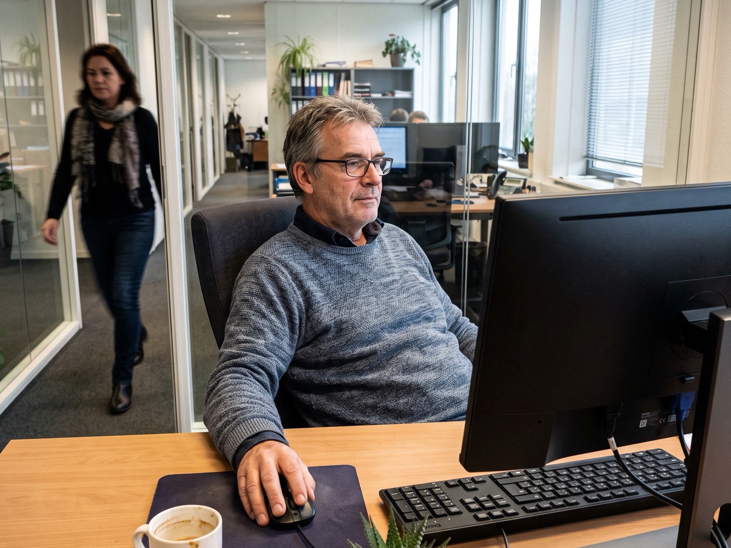 Adviseur werkt achter zijn bureau in een rustig Nederlands advieskantoor