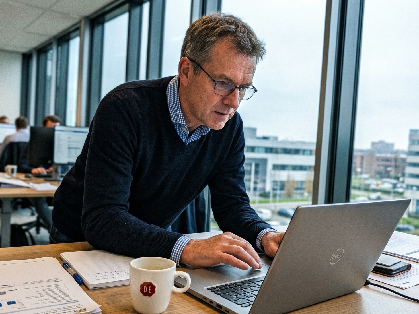 Financieel adviseur die aan zijn bureau een regio-instelling voor een advertentie controleert op zijn laptop