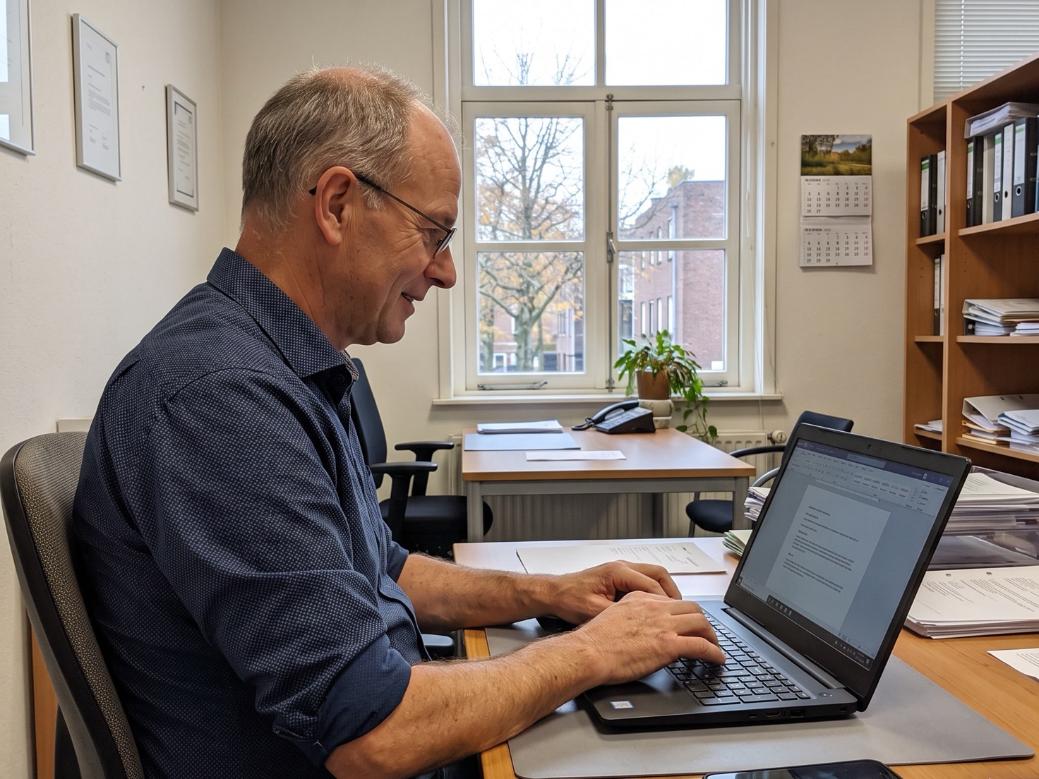 Adviseur werkt achterin beeld aan zijn laptop in een rustig advieskantoor