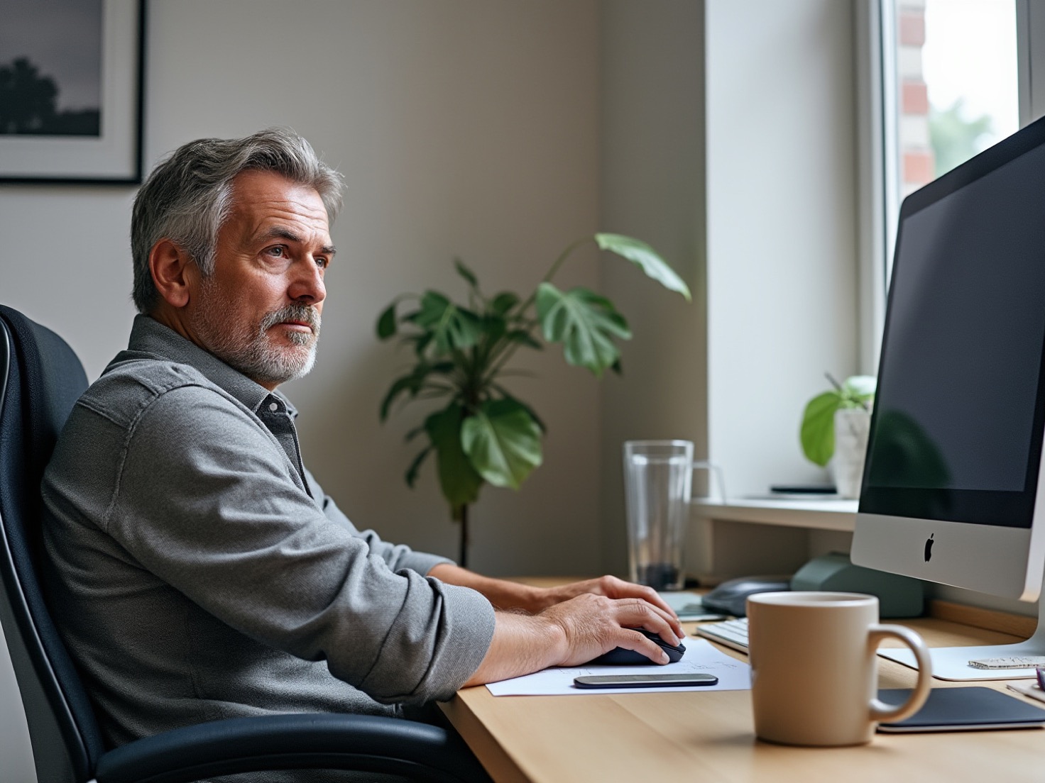 Financieel adviseur achter zijn bureau in een Nederlands advieskantoor, werkend aan de teksten van zijn website