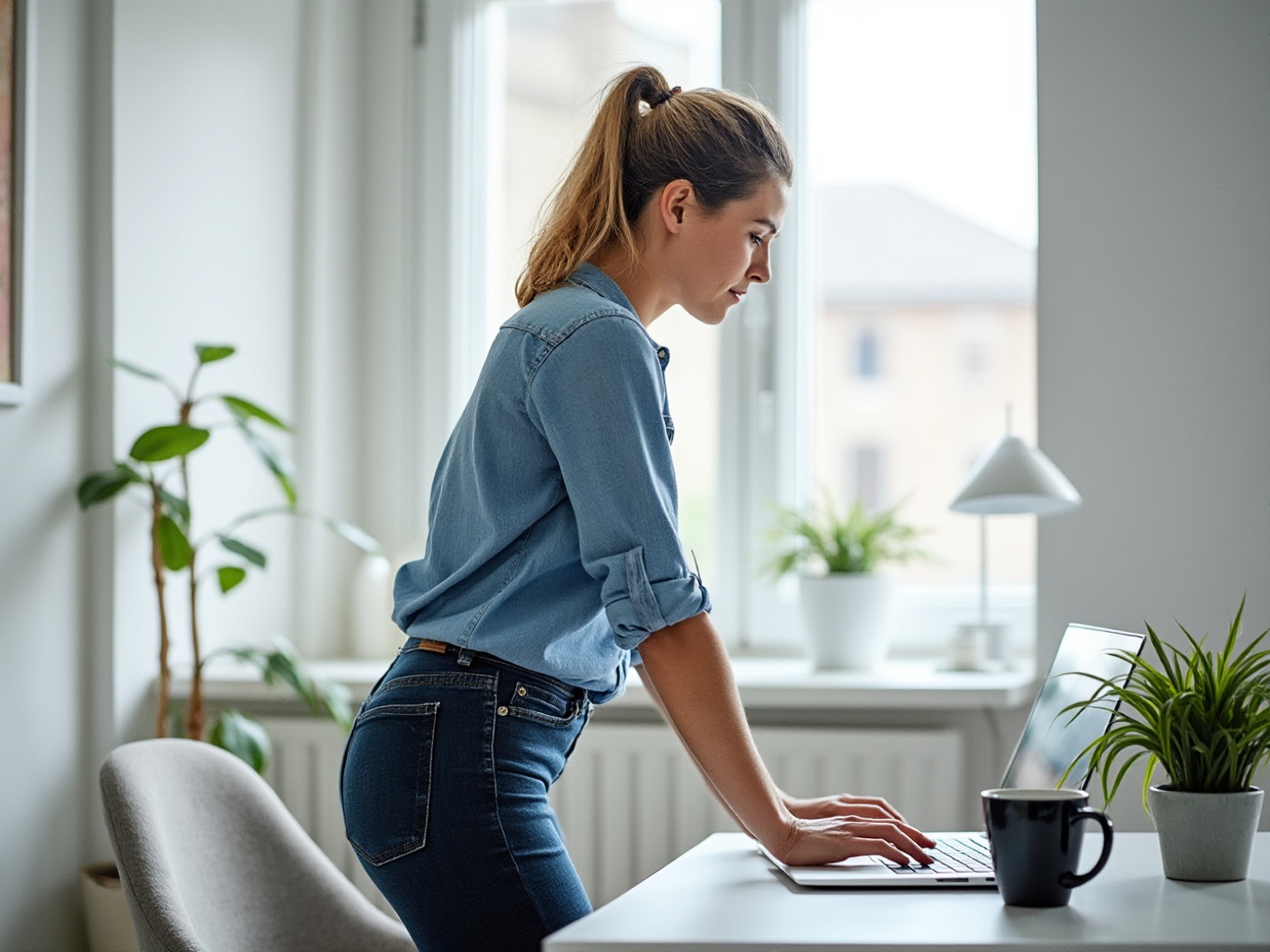 Financieel adviseur werkt aan een laptop in een rustig Nederlands advieskantoor