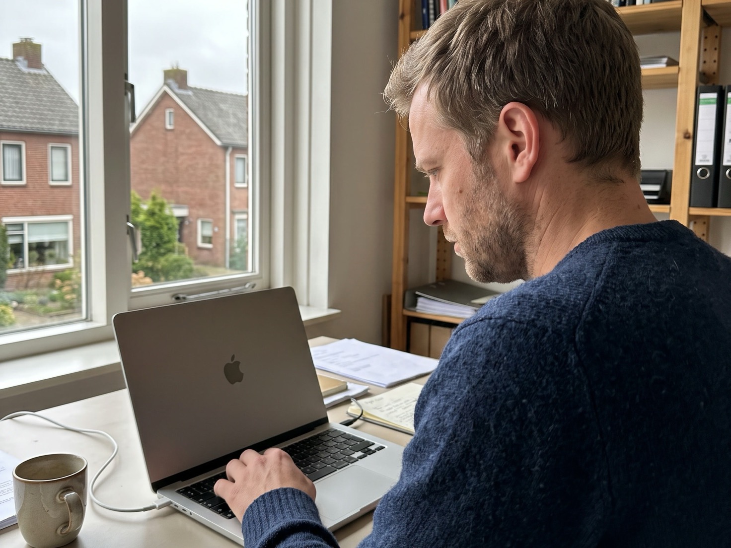 Adviseur werkt geconcentreerd achter zijn laptop in een rustig kantoor