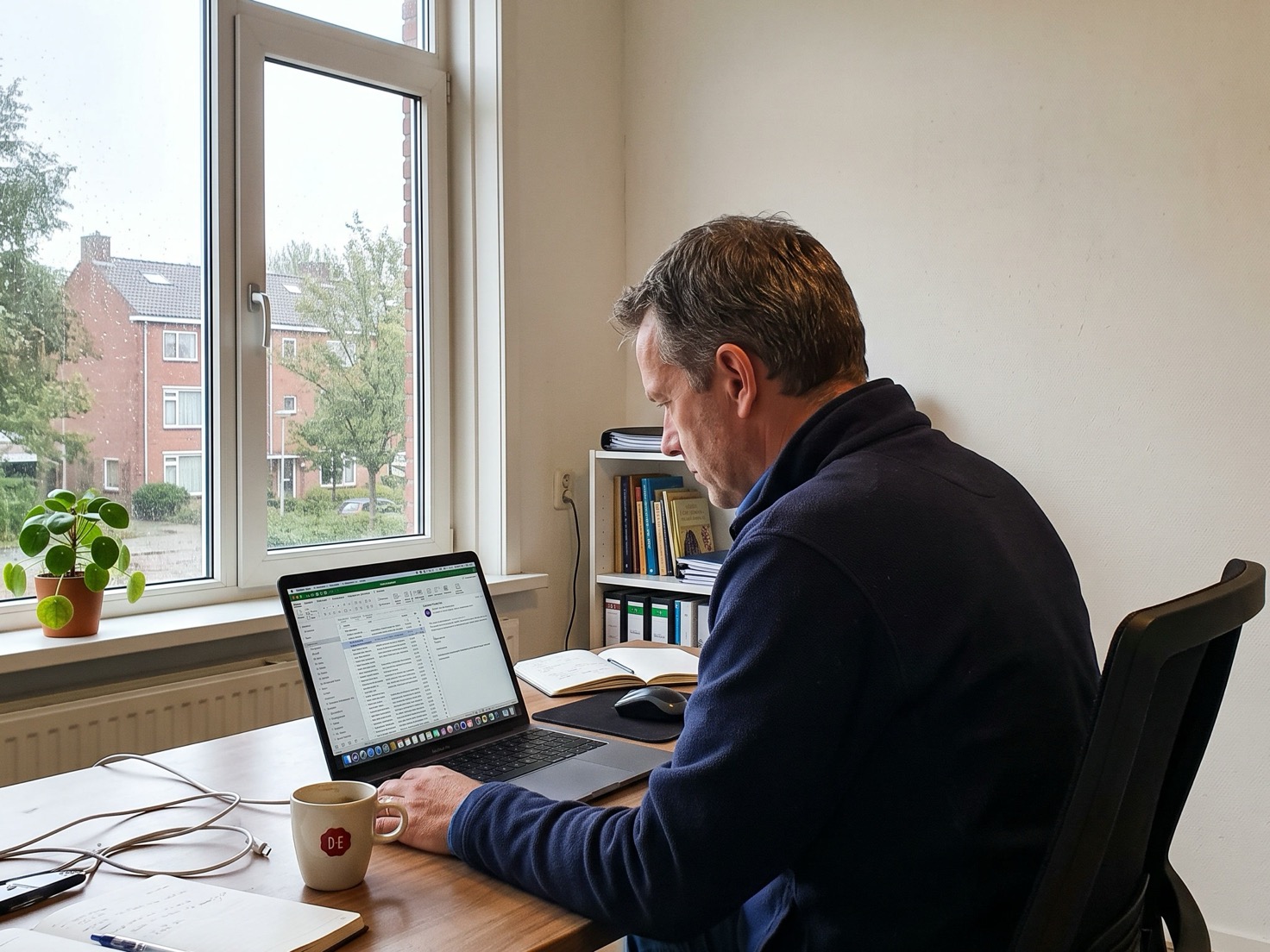 Financieel adviseur werkt achter zijn bureau in een rustig kantoor met daglicht