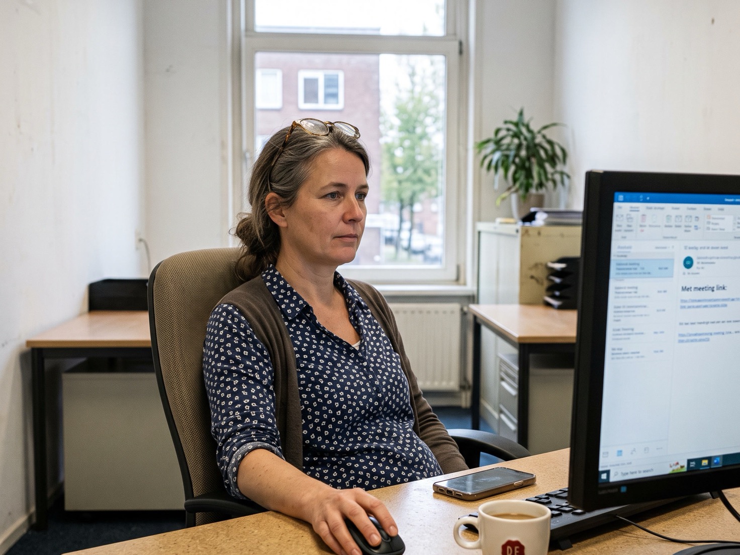Financieel adviseur achter haar bureau kijkt naar het scherm voordat ze een nabestaande belt