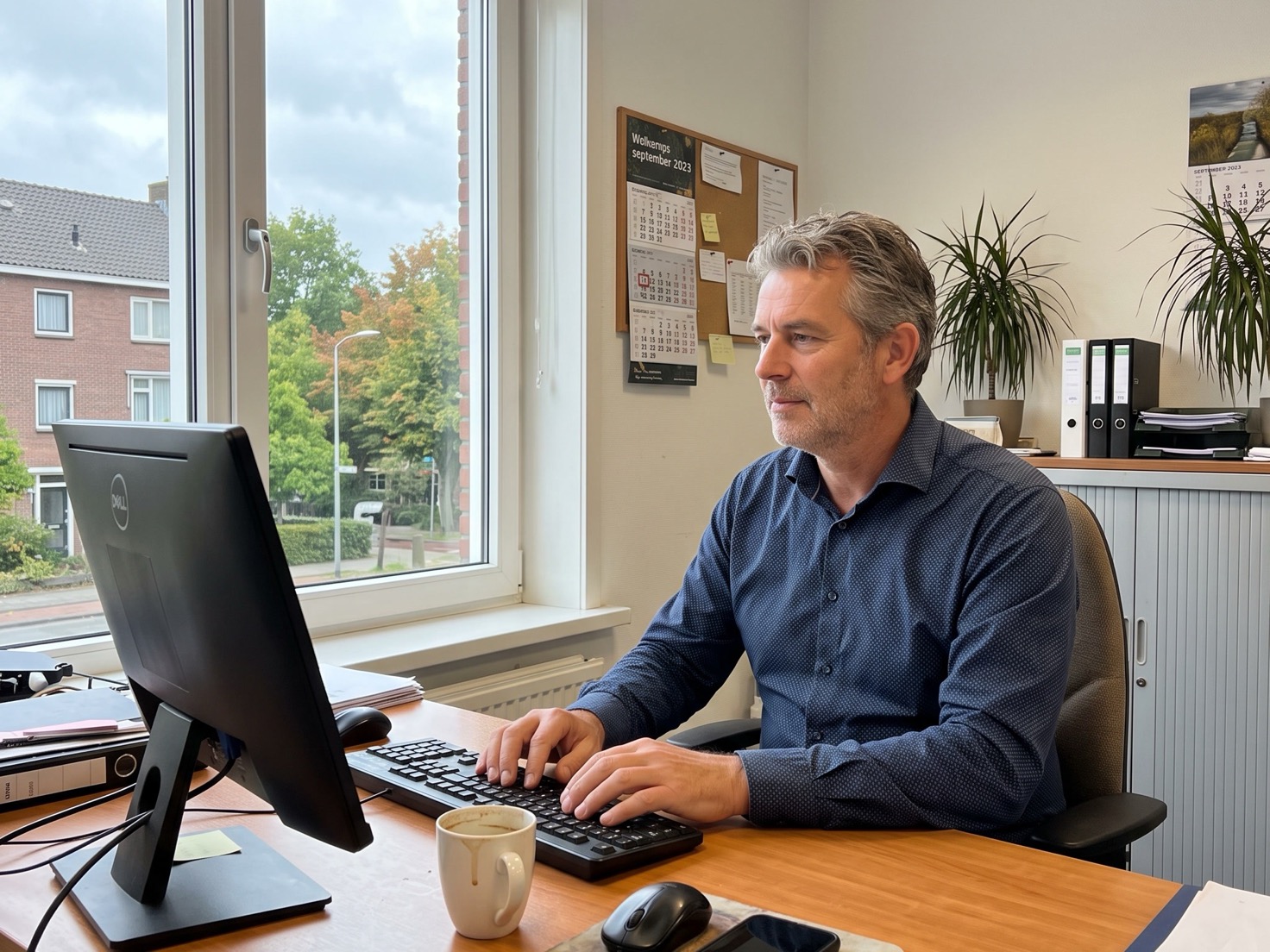 Financieel adviseur werkt geconcentreerd aan zijn bureau bij het raam op kantoor
