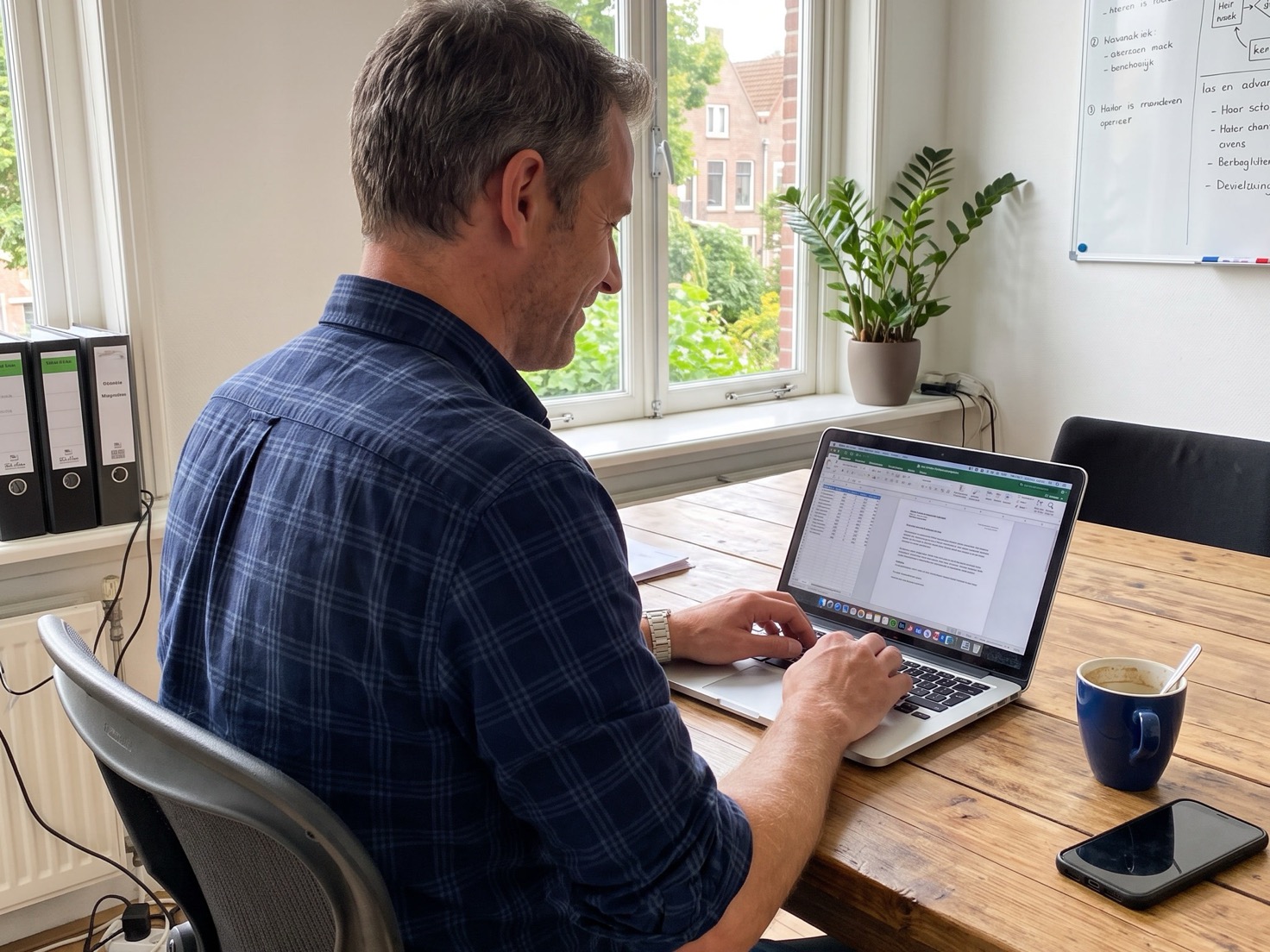 Financieel adviseur werkt achter zijn laptop op kantoor
