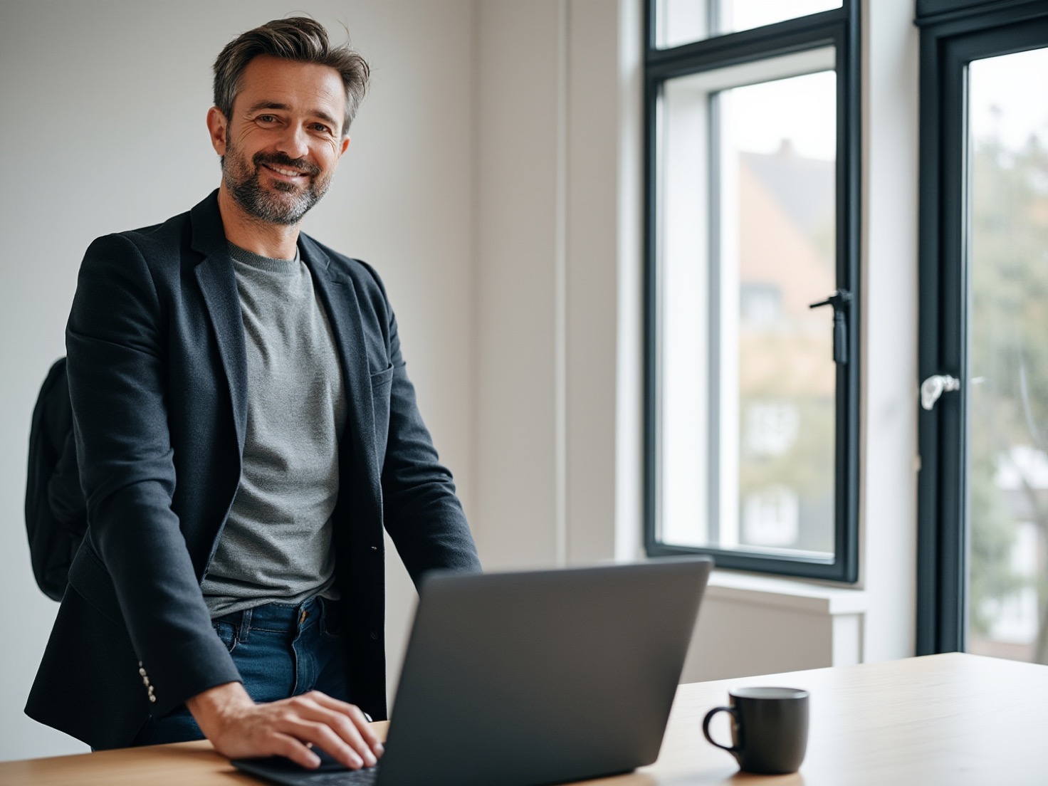 Financieel adviseur werkt aan een laptop in een rustig advieskantoor