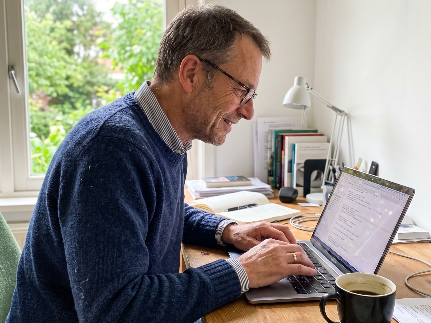 Financieel adviseur werkt aan een laptop in een rustig advieskantoor