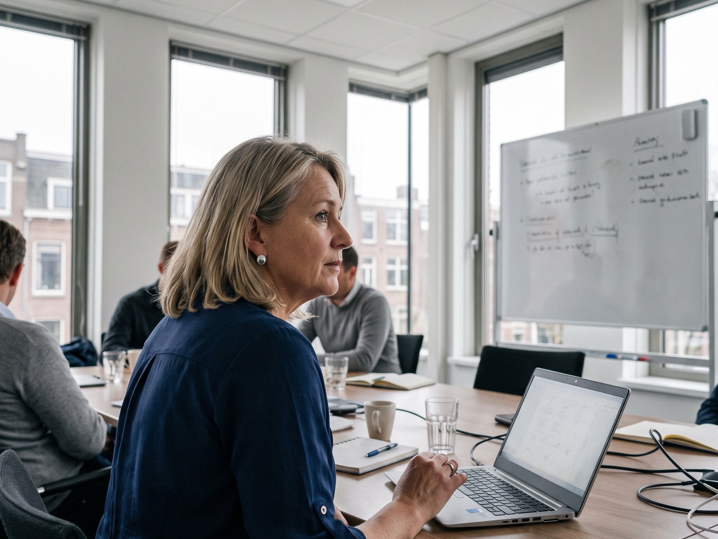 Financieel adviseur werkt geconcentreerd achter een laptop aan een overlegtafel op kantoor